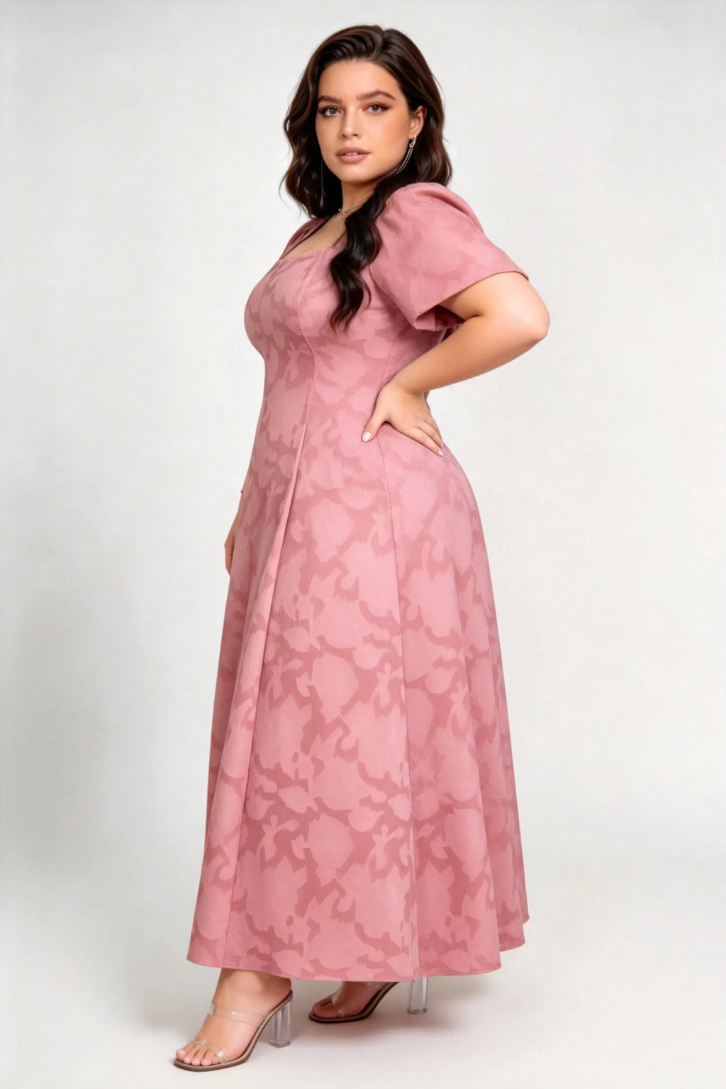 Plus Size Coral Pink Jacquard Maxi Dress with Square Neck & Puff Sleeves
