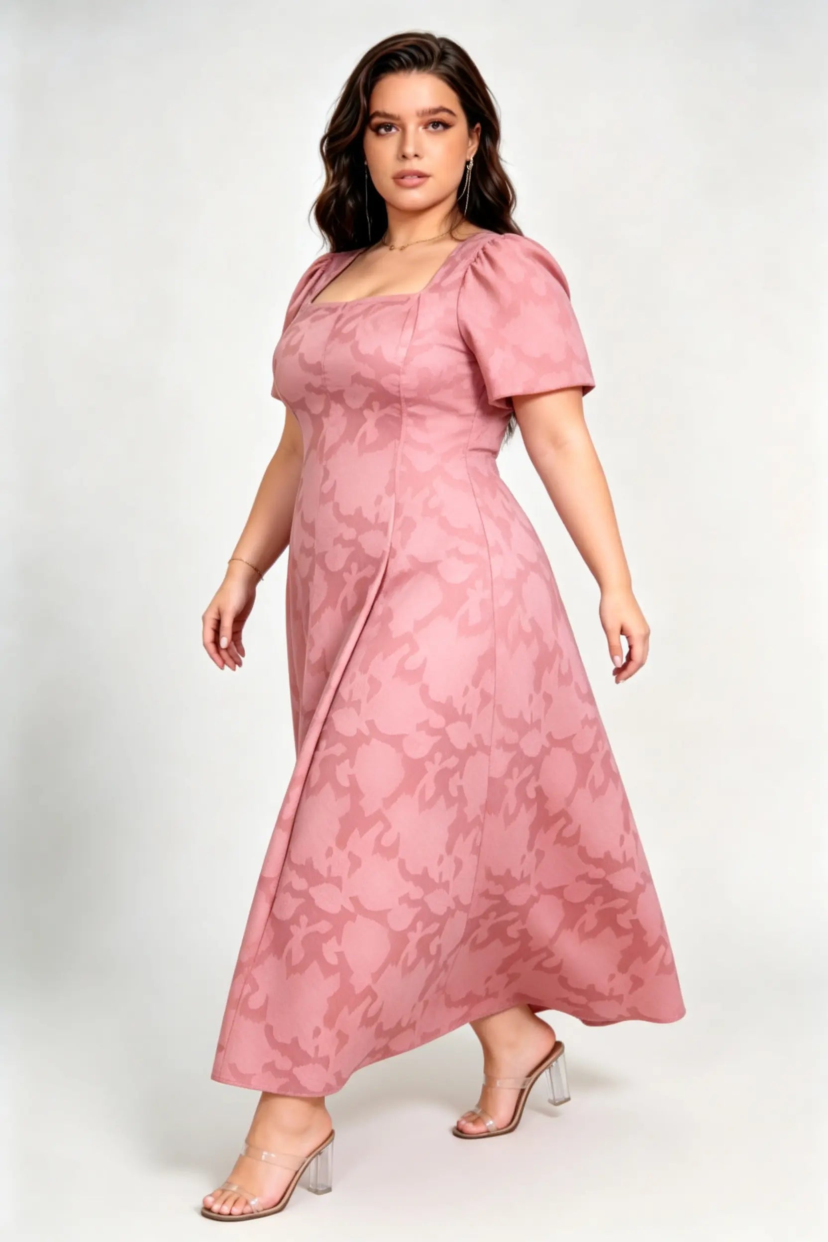 Plus Size Coral Pink Jacquard Maxi Dress with Square Neck & Puff Sleeves
