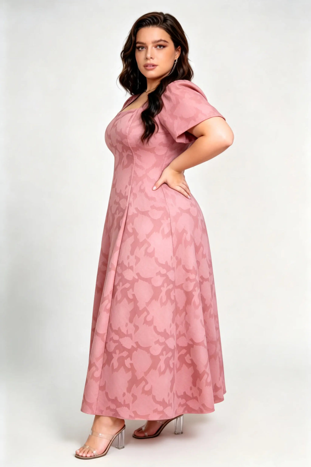 Plus Size Coral Pink Jacquard Maxi Dress with Square Neck & Puff Sleeves