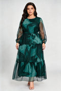 Plus Size Green Leaf Print Tiered Maxi Dress with Sheer Sleeves & Waist Tie