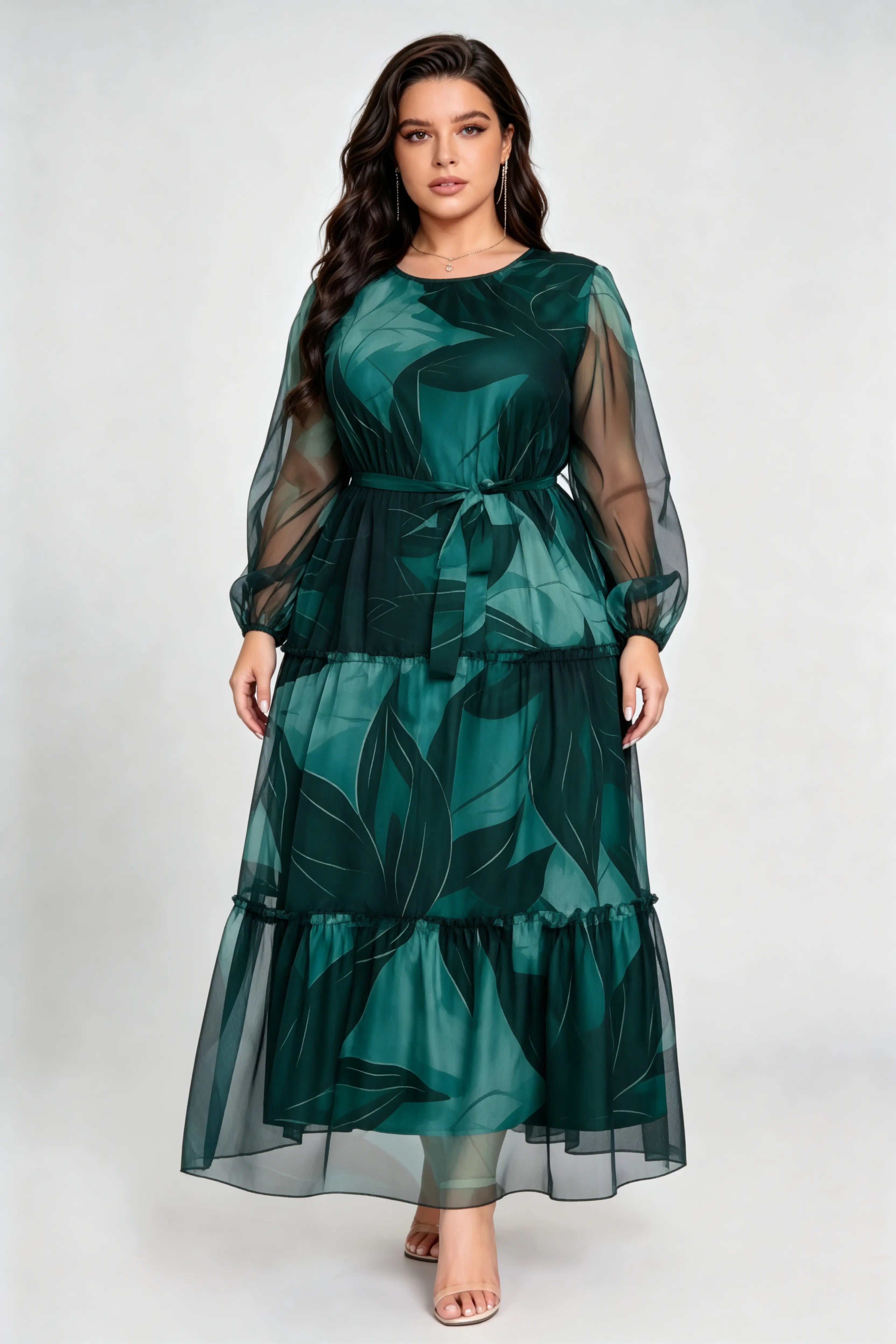 Plus Size Green Leaf Print Tiered Maxi Dress with Sheer Sleeves & Waist Tie