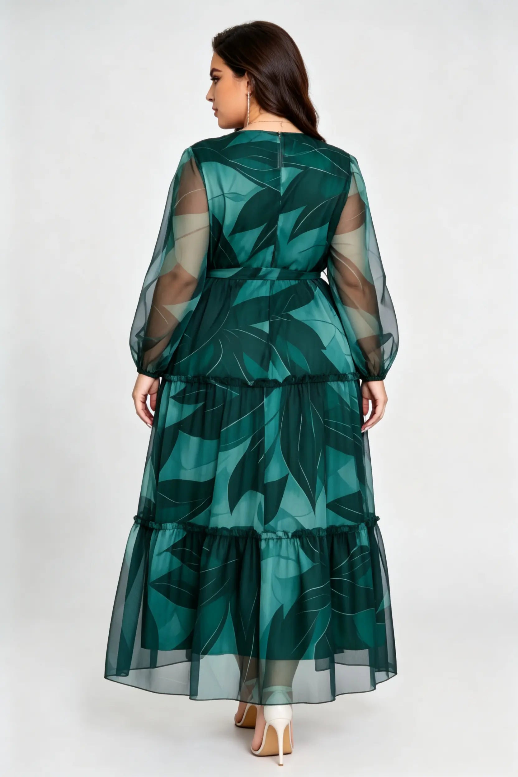 Plus Size Green Leaf Print Tiered Maxi Dress with Sheer Sleeves & Waist Tie
