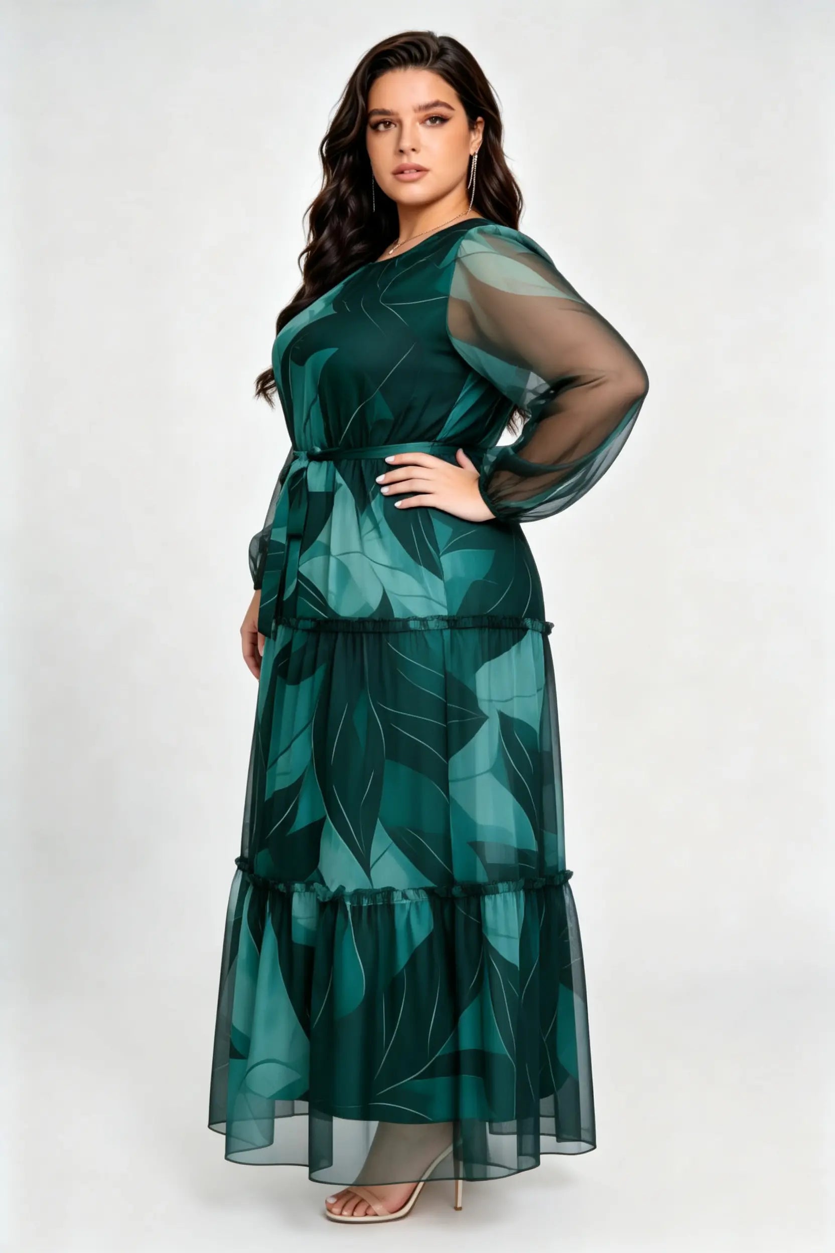 Plus Size Green Leaf Print Tiered Maxi Dress with Sheer Sleeves & Waist Tie