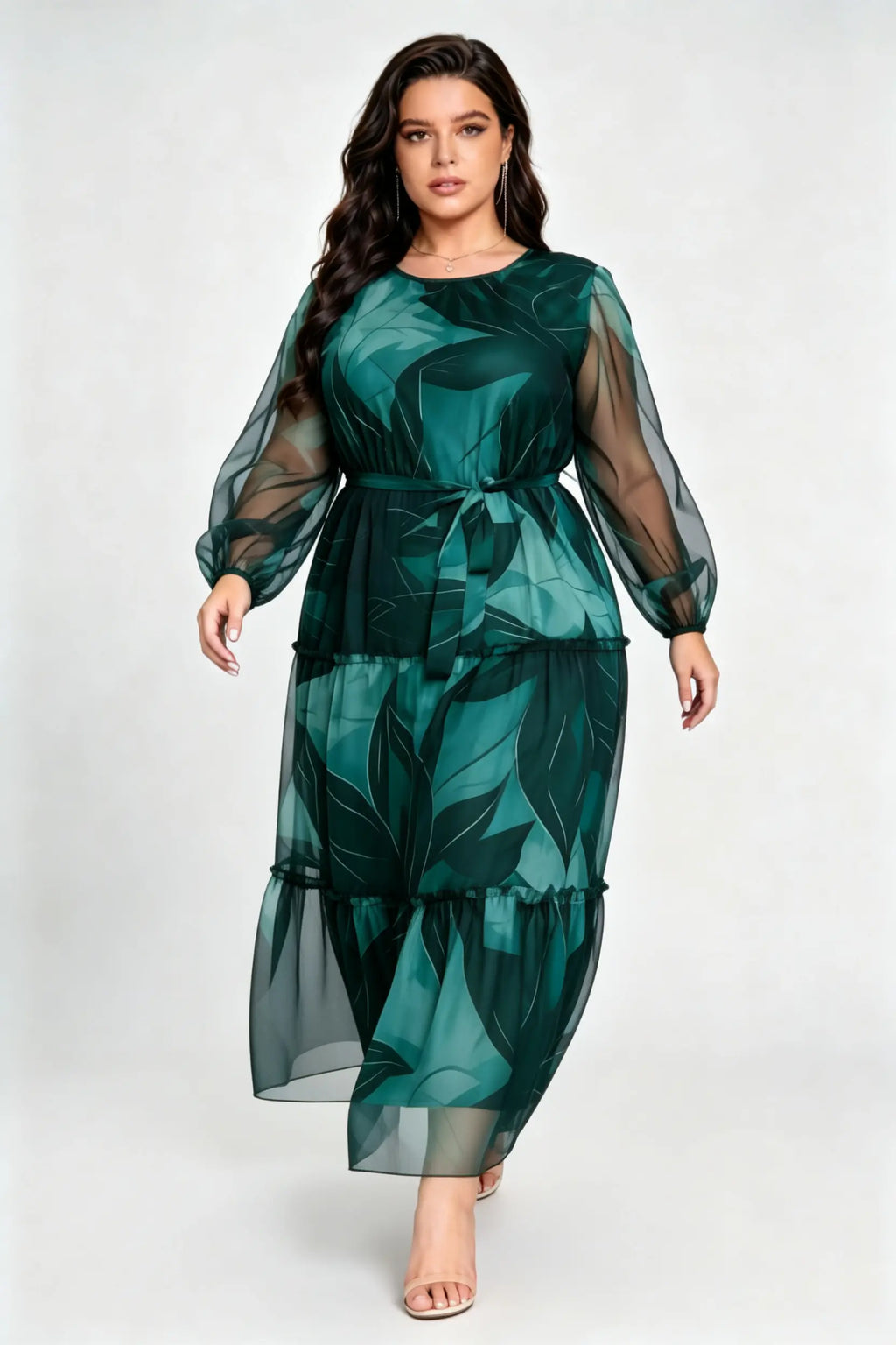 Plus Size Green Leaf Print Tiered Maxi Dress with Sheer Sleeves & Waist Tie
