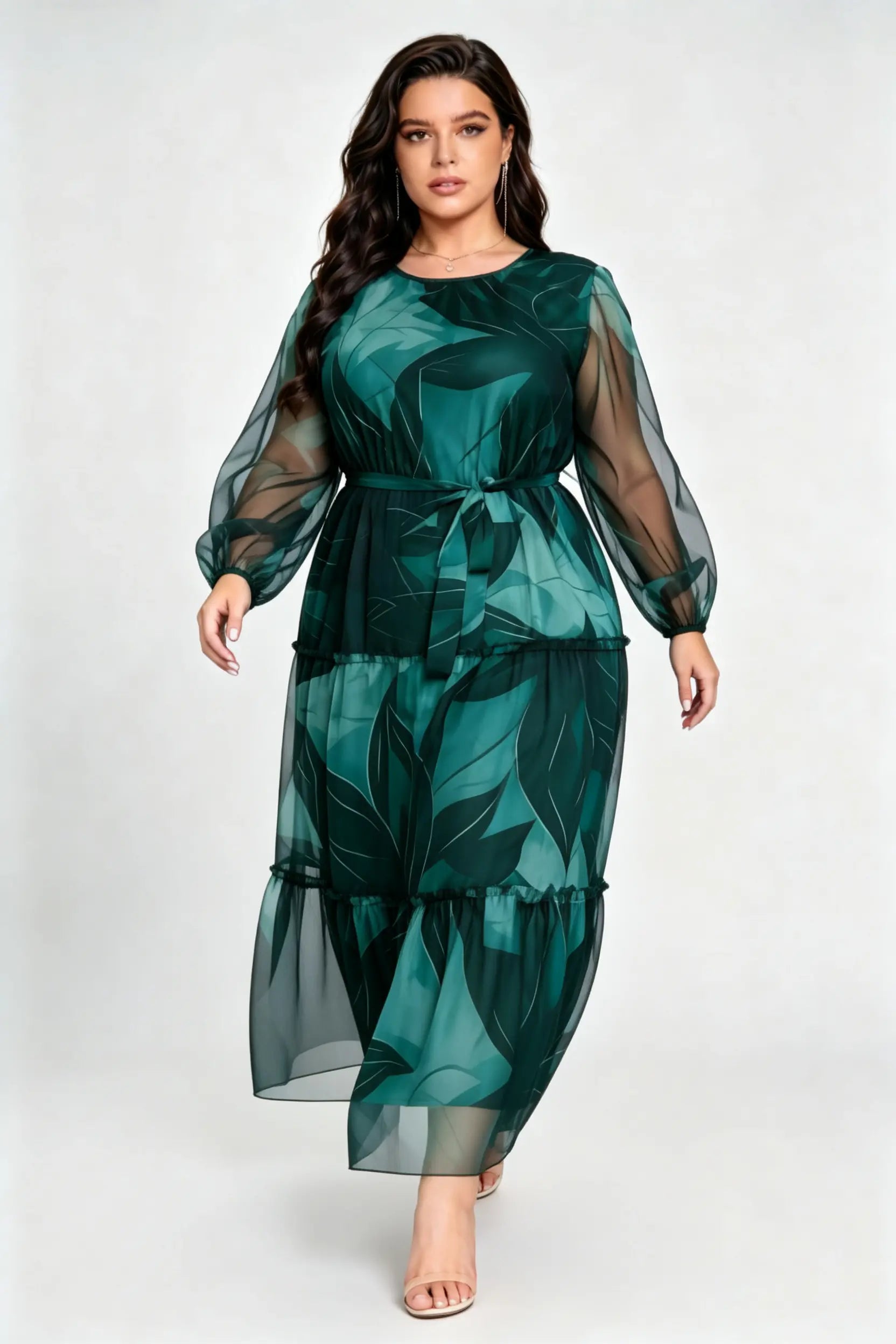 Plus Size Green Leaf Print Tiered Maxi Dress with Sheer Sleeves & Waist Tie