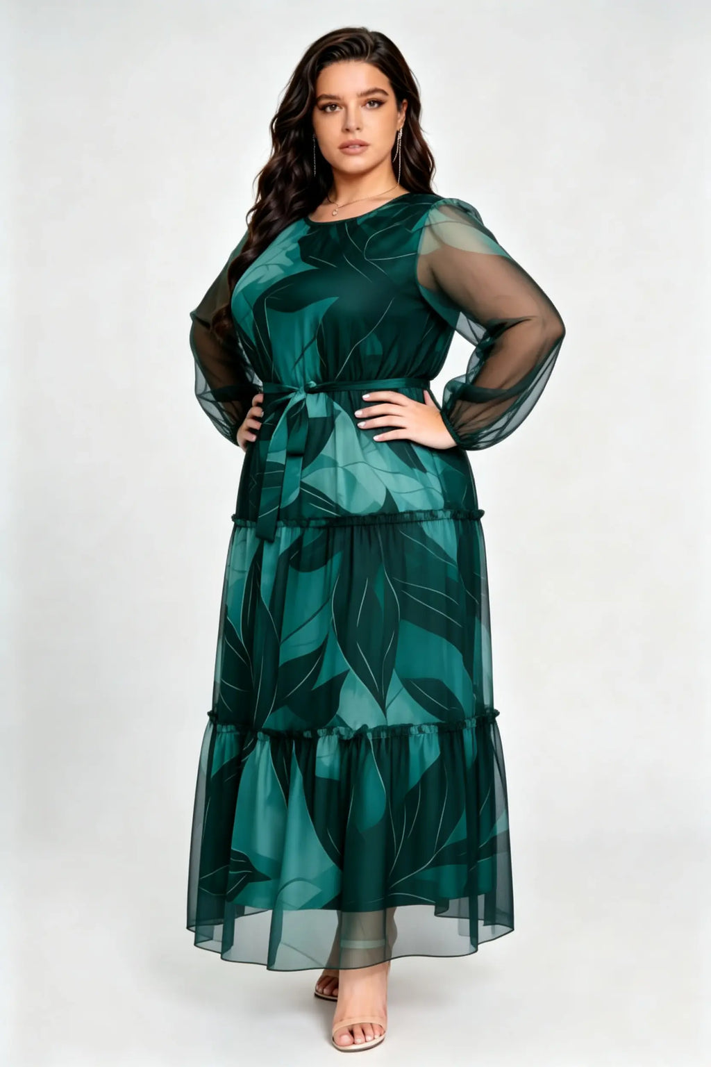 Plus Size Green Leaf Print Tiered Maxi Dress with Sheer Sleeves & Waist Tie