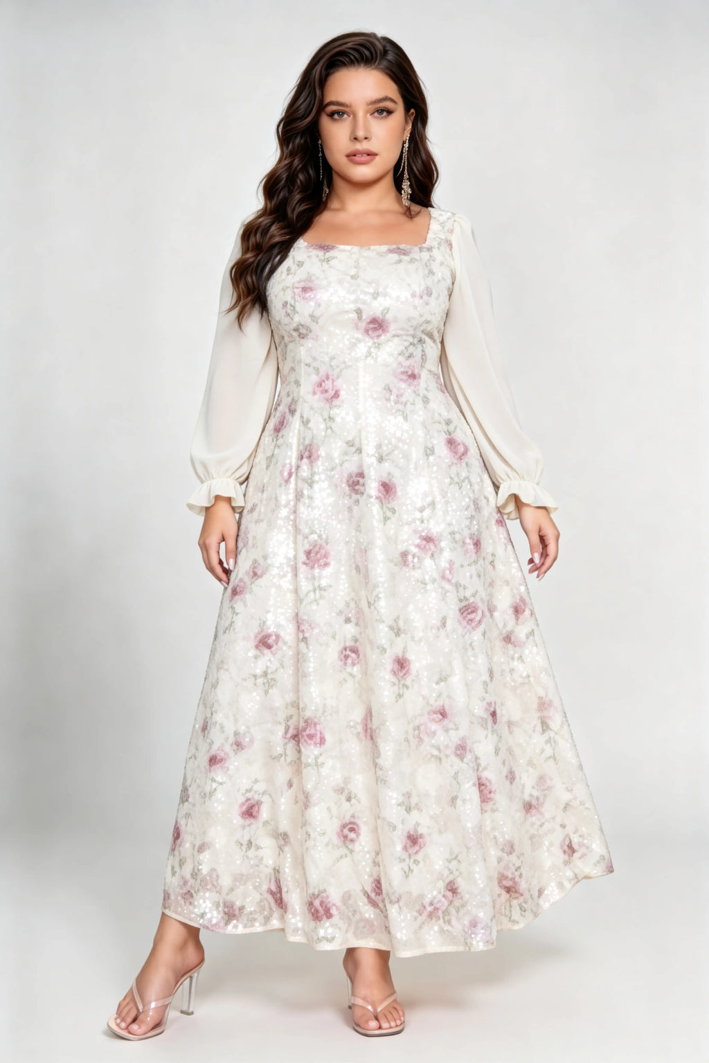 Plus Size Floral Sequin Midi Dress with Square Neck & Sheer Long Sleeves