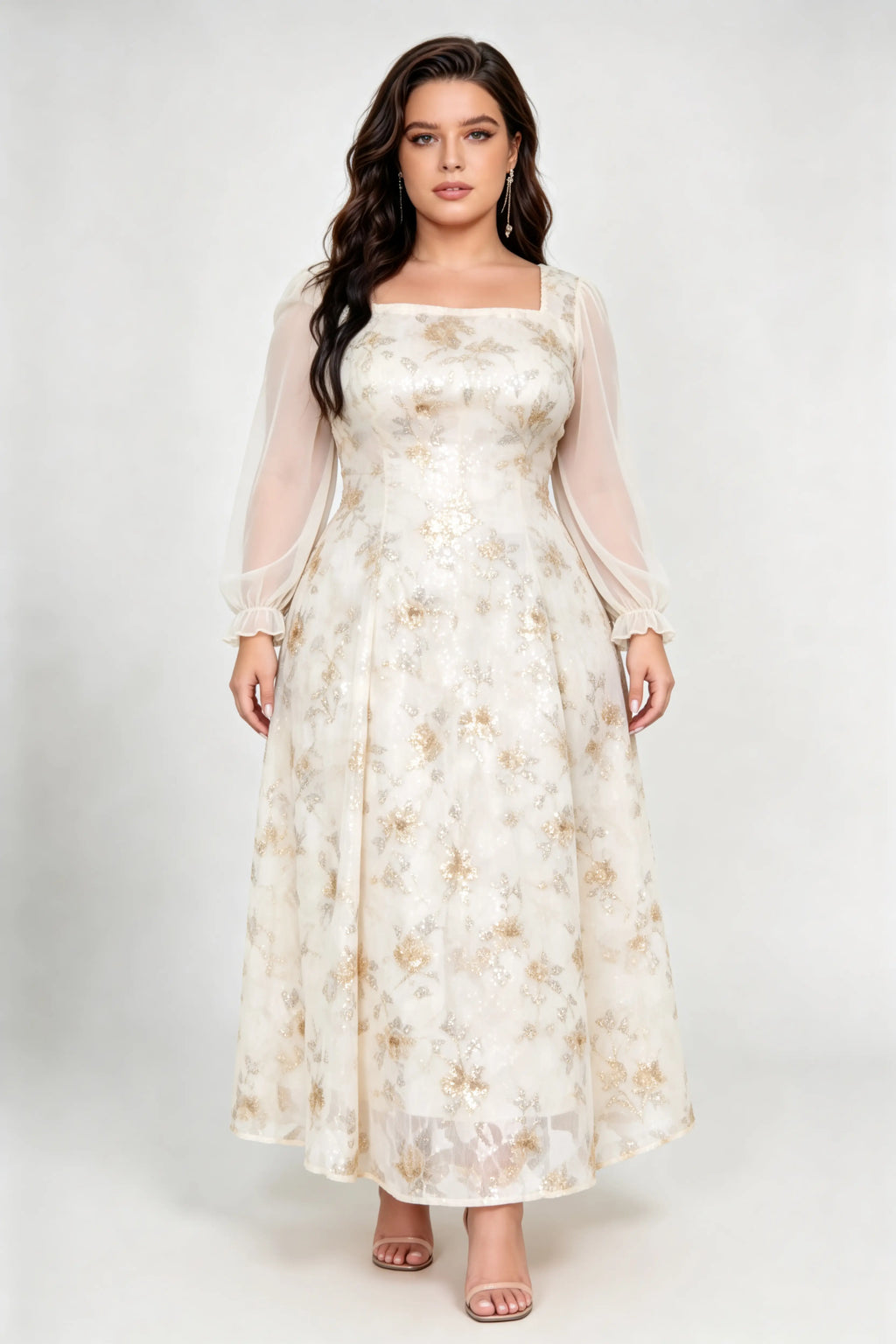 Plus Size Floral Sequin Midi Dress with Square Neck & Sheer Long Sleeves