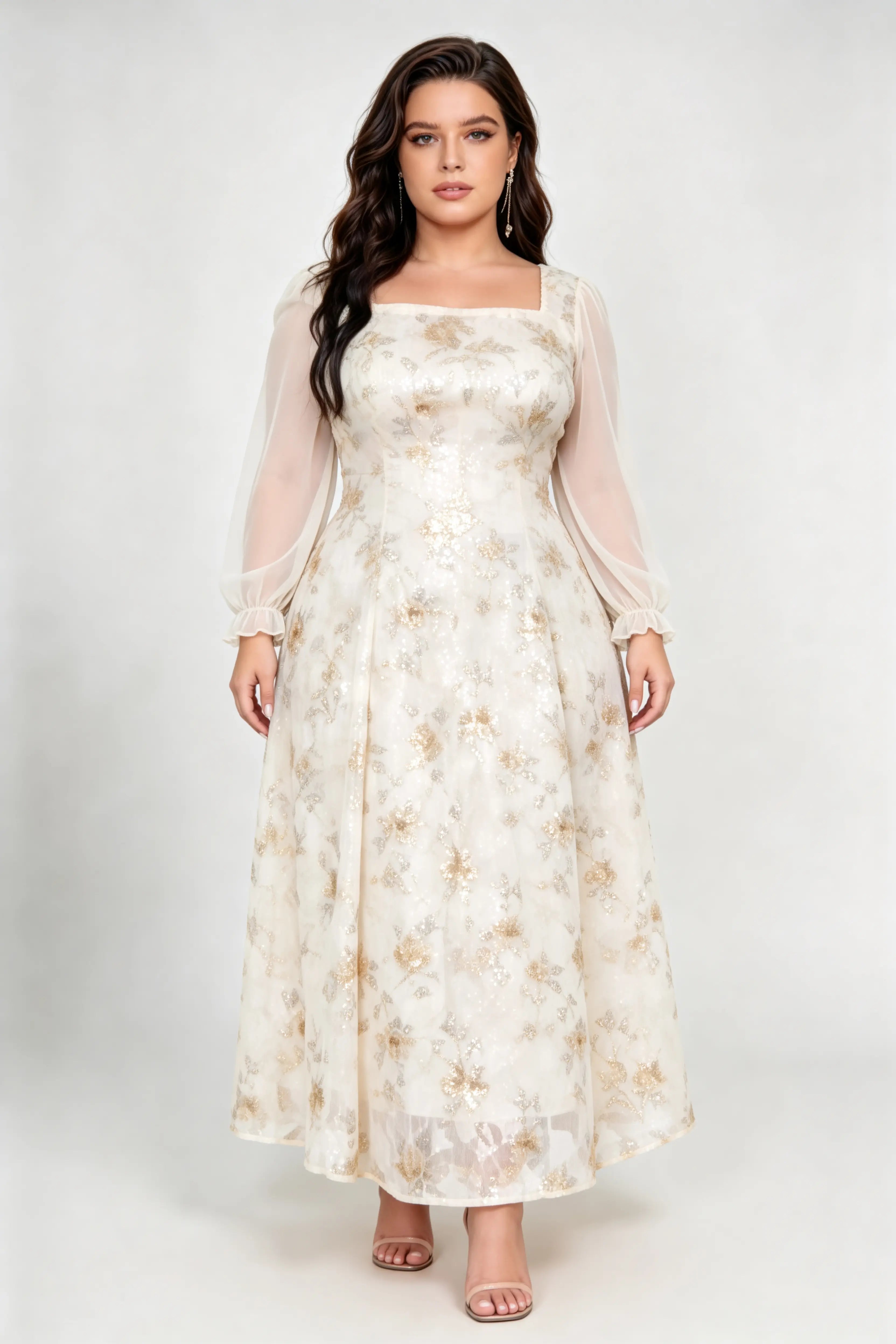 Plus Size Floral Sequin Midi Dress with Square Neck & Sheer Long Sleeves