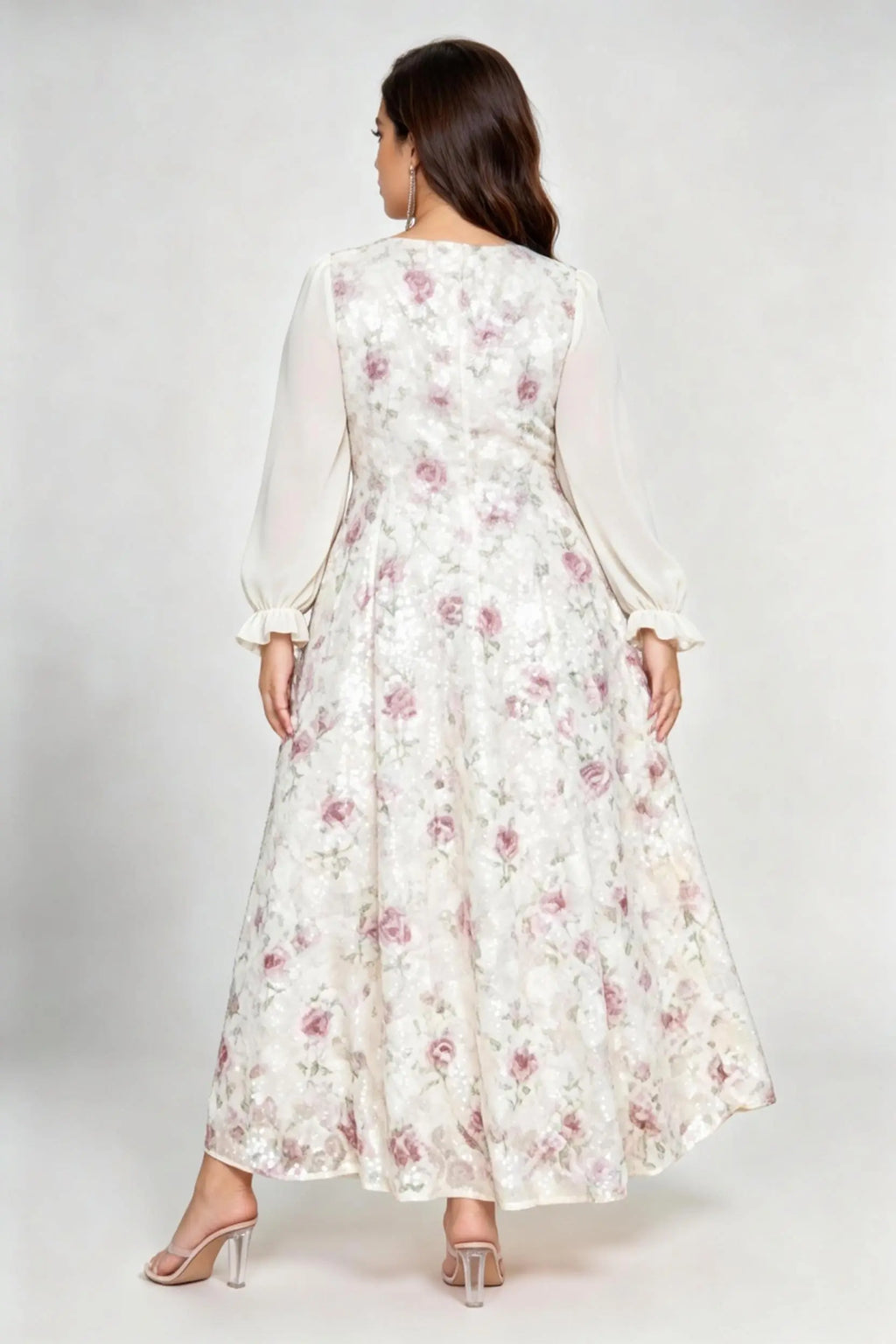 Plus Size Floral Sequin Midi Dress with Square Neck & Sheer Long Sleeves
