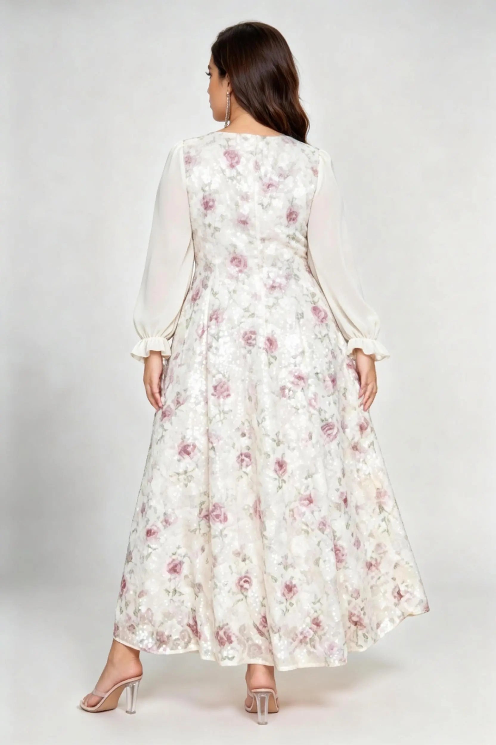 Plus Size Floral Sequin Midi Dress with Square Neck & Sheer Long Sleeves