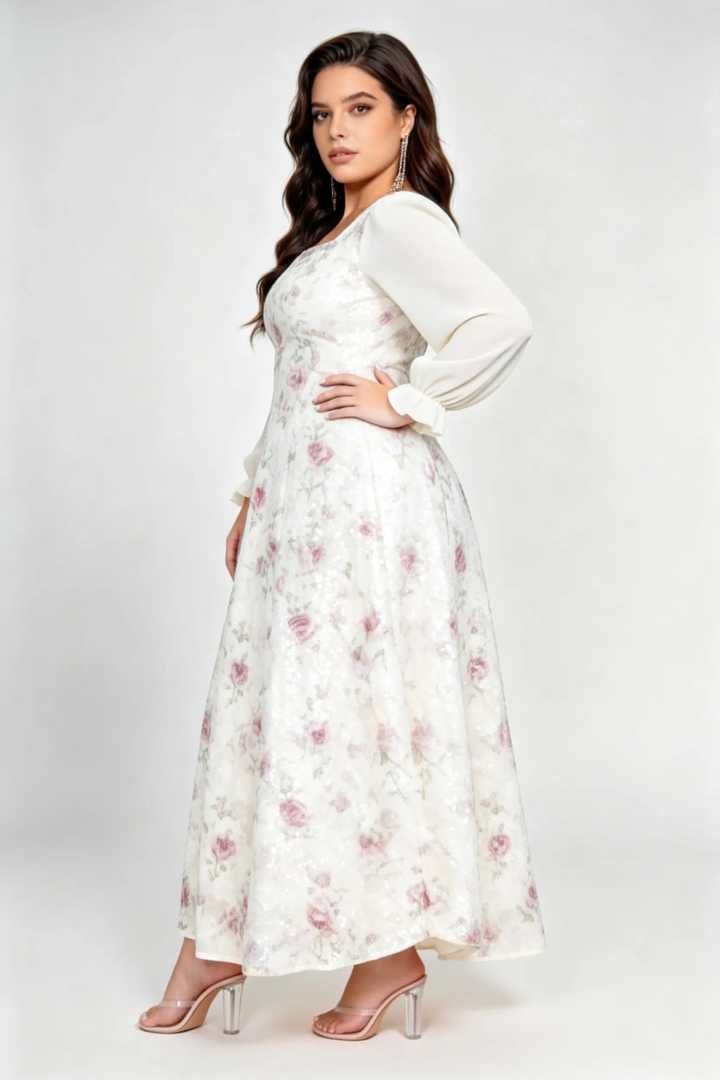 Plus Size Floral Sequin Midi Dress with Square Neck & Sheer Long Sleeves