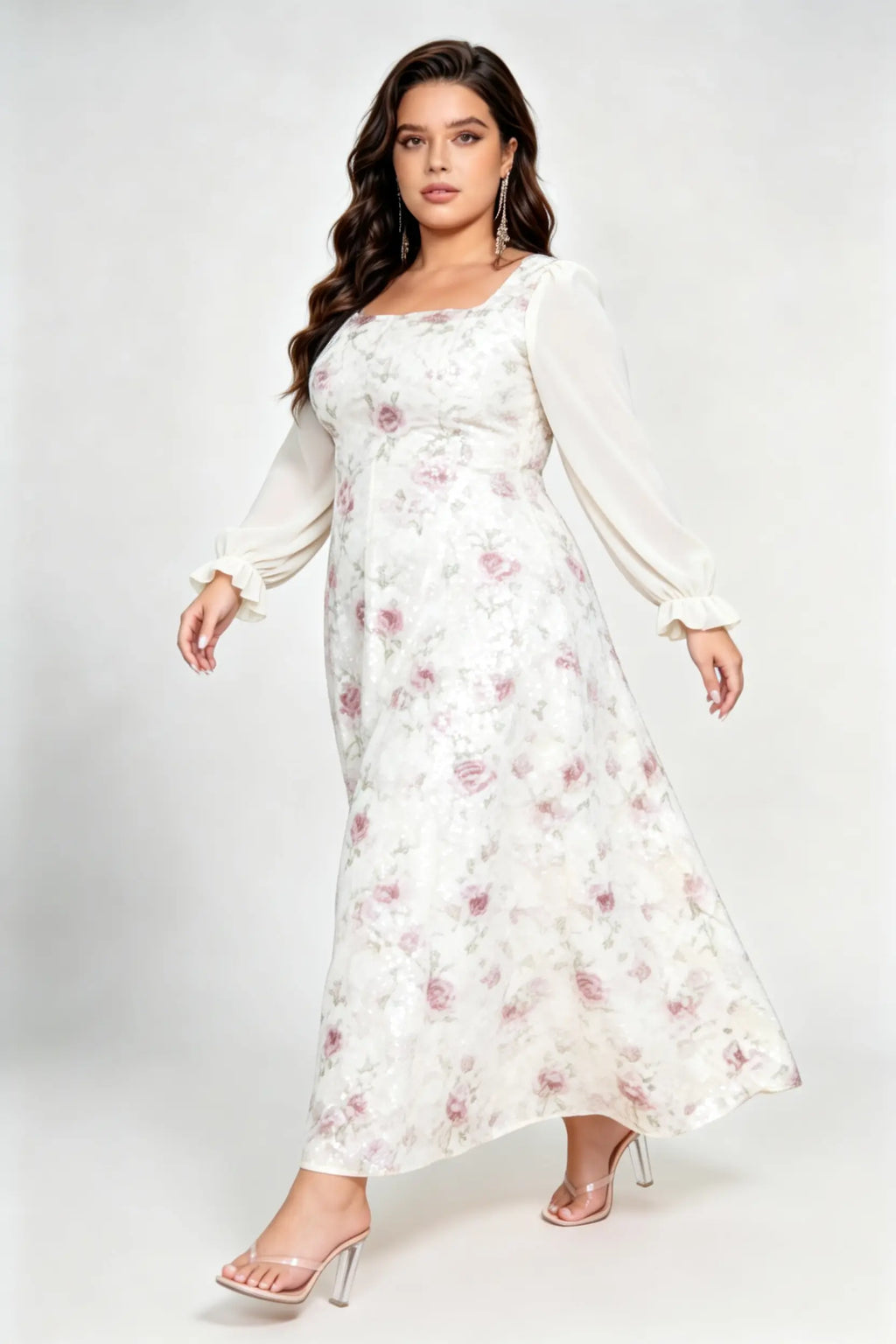 Plus Size Floral Sequin Midi Dress with Square Neck & Sheer Long Sleeves