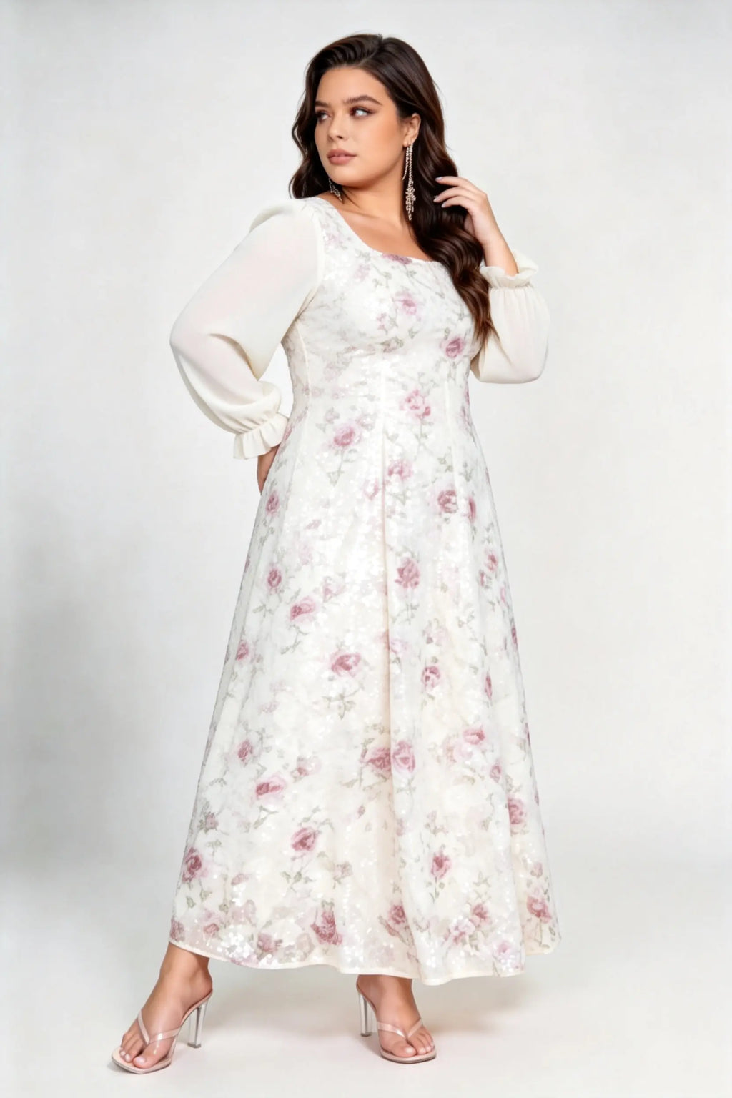 Plus Size Floral Sequin Midi Dress with Square Neck & Sheer Long Sleeves