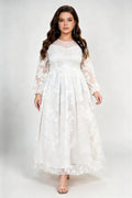 Plus Size White Floral Lace Maxi Dress with Sheer Neckline & Long Sleeves