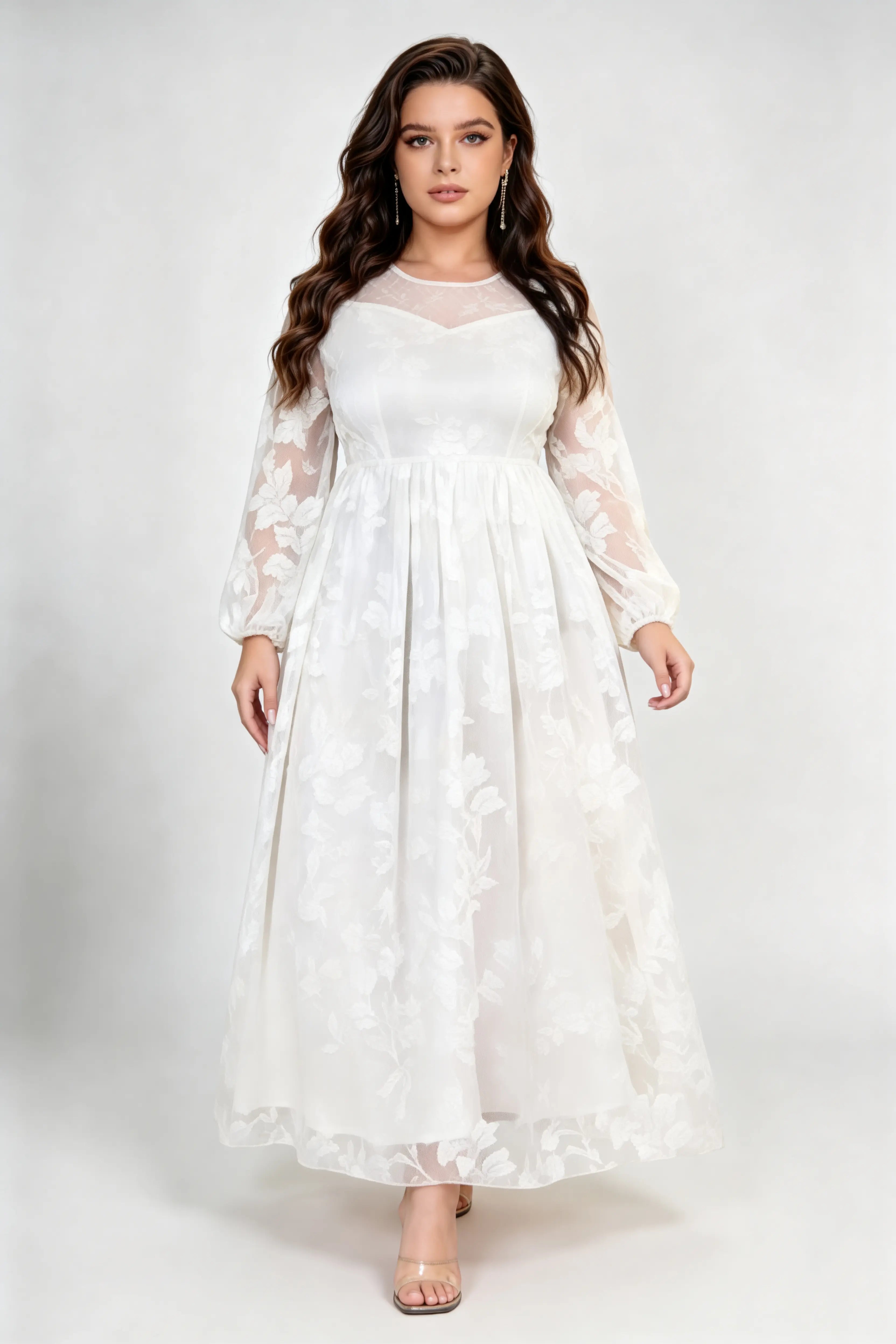 Plus Size White Floral Lace Maxi Dress with Sheer Neckline & Long Sleeves