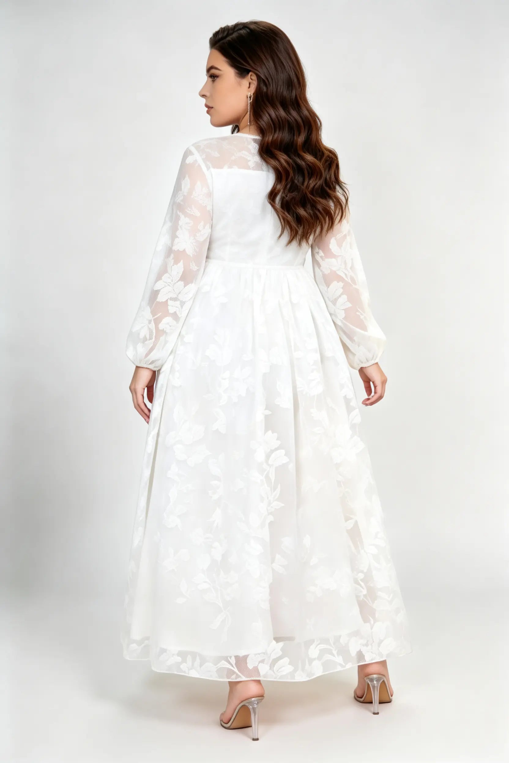 Plus Size White Floral Lace Maxi Dress with Sheer Neckline & Long Sleeves