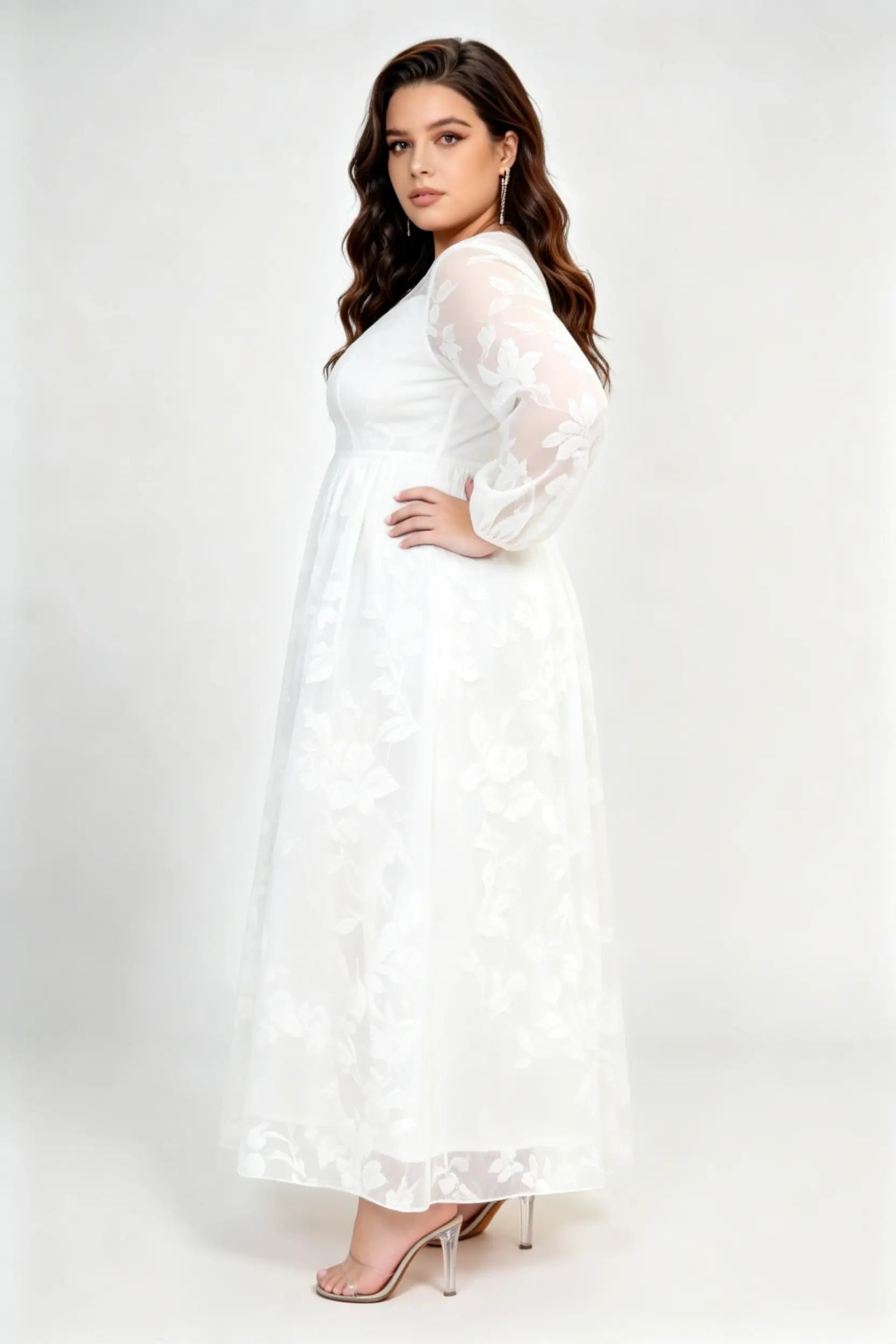 Plus Size White Floral Lace Maxi Dress with Sheer Neckline & Long Sleeves