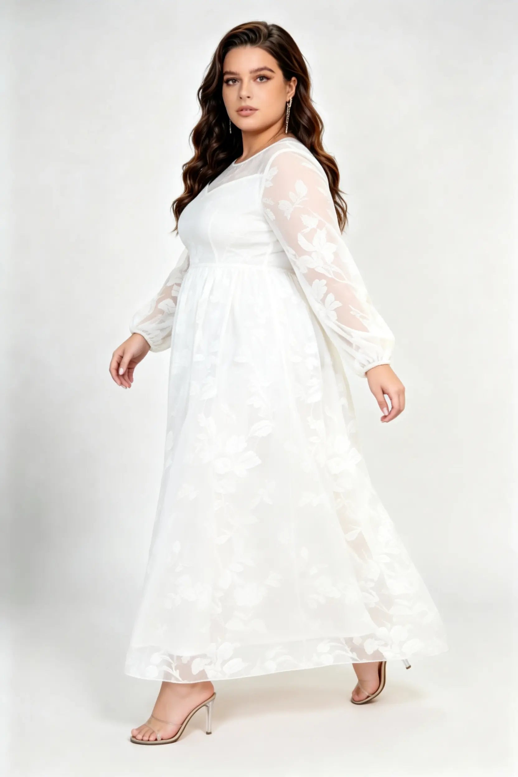 Plus Size White Floral Lace Maxi Dress with Sheer Neckline & Long Sleeves