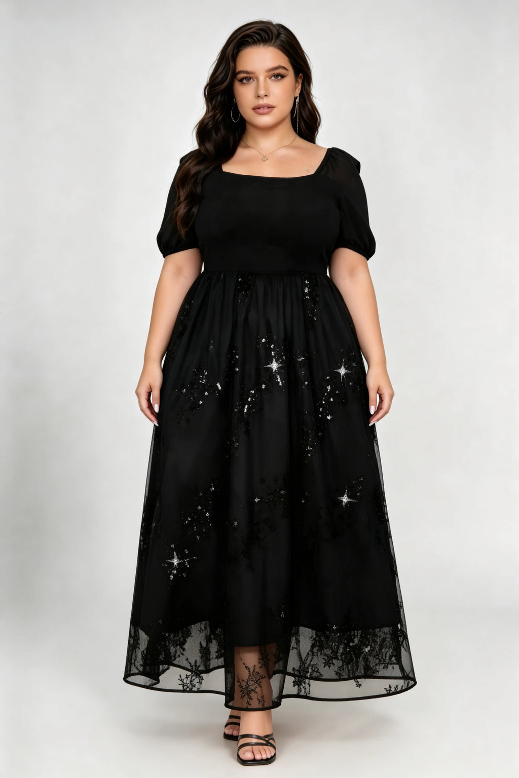 Plus Size Black Star Sequin Tulle Midi Dress with Square Neck & Puff Sleeves