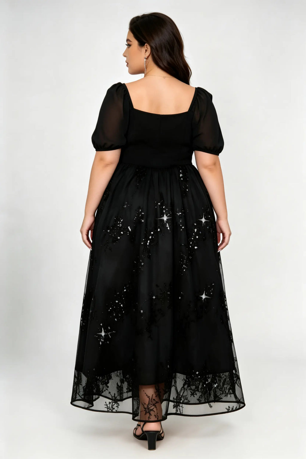 Plus Size Black Star Sequin Tulle Midi Dress with Square Neck & Puff Sleeves