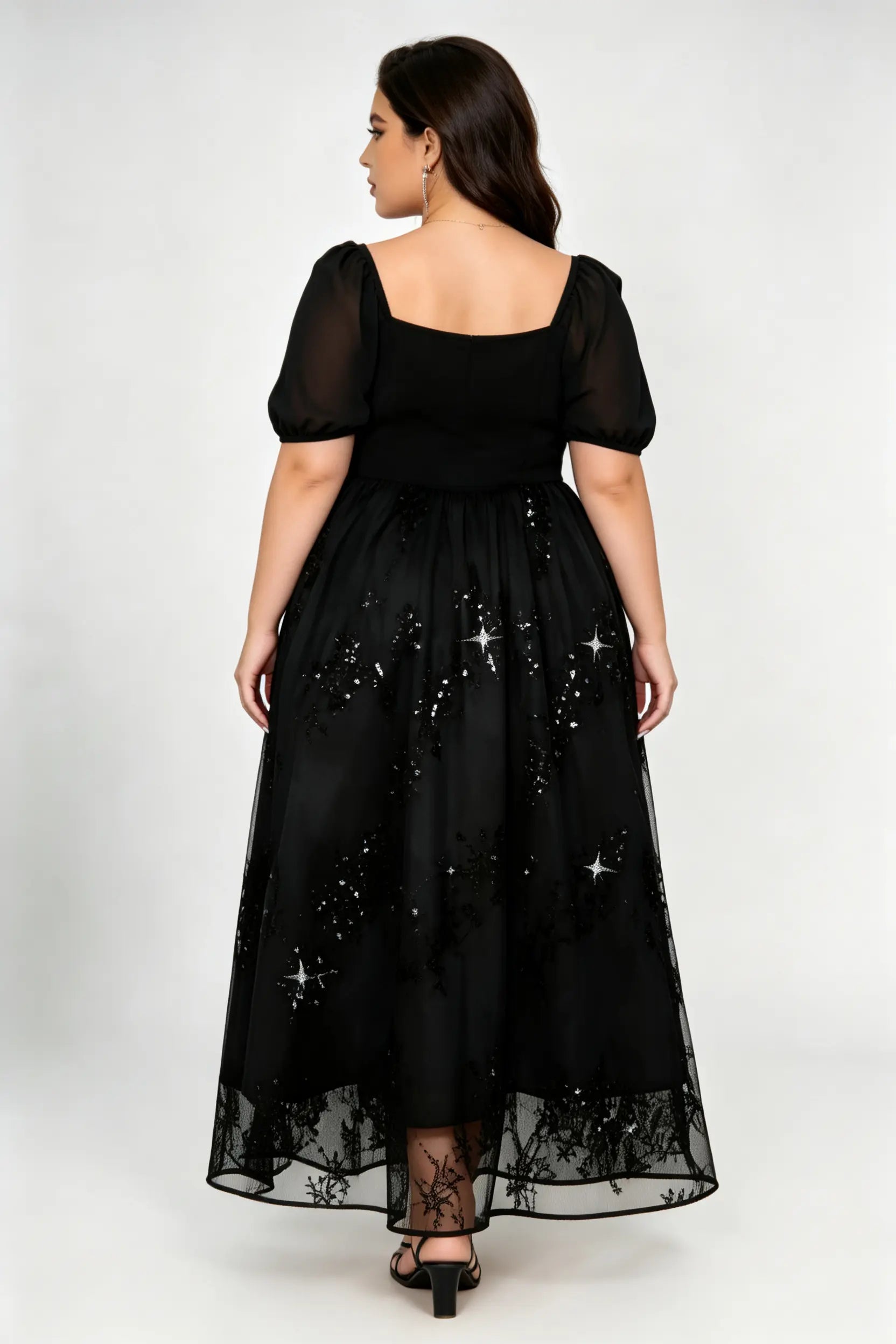 Plus Size Black Star Sequin Tulle Midi Dress with Square Neck & Puff Sleeves
