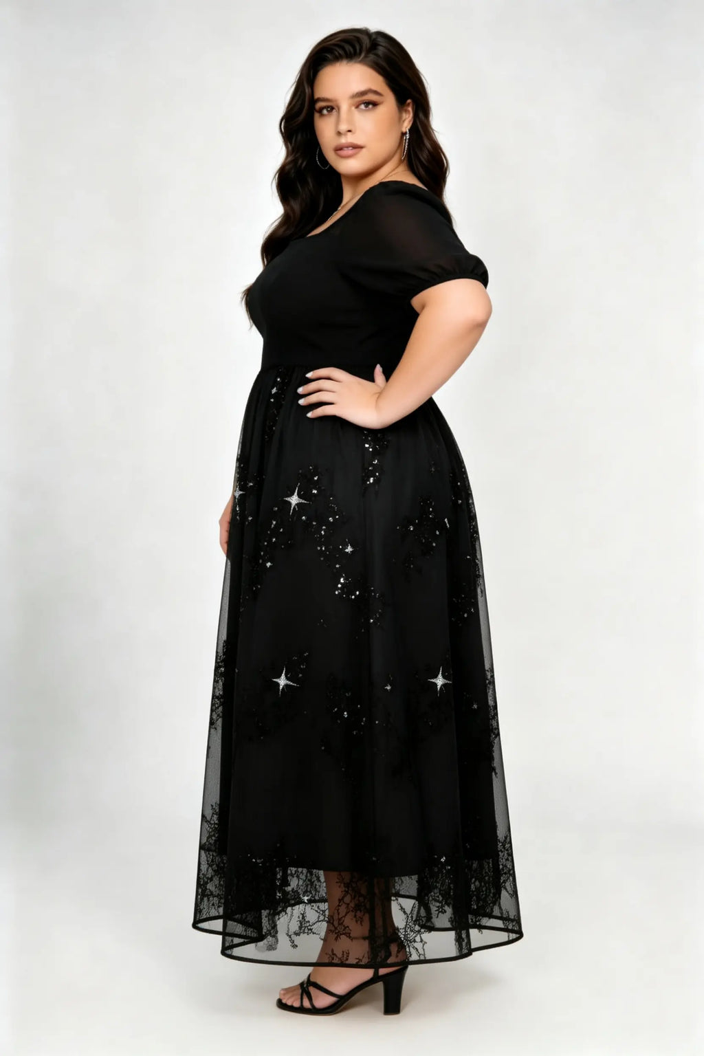 Plus Size Black Star Sequin Tulle Midi Dress with Square Neck & Puff Sleeves