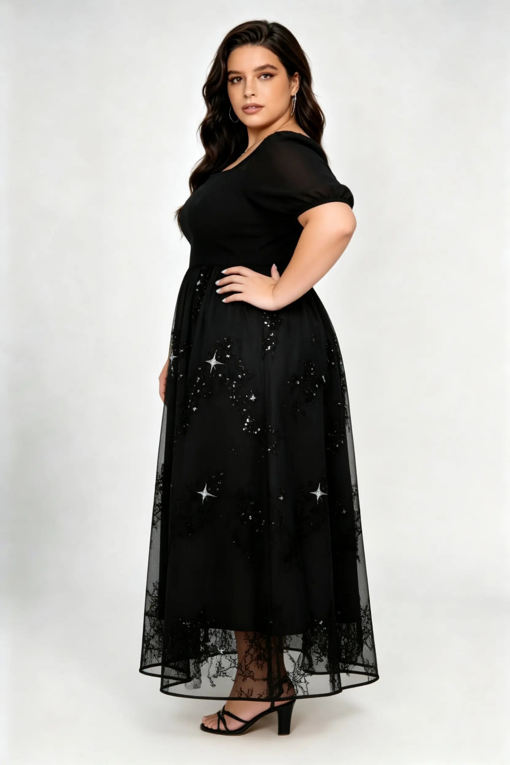 Plus Size Black Star Sequin Tulle Midi Dress with Square Neck & Puff Sleeves