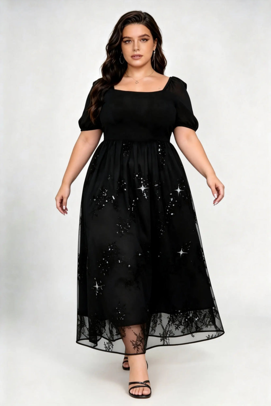 Plus Size Black Star Sequin Tulle Midi Dress with Square Neck & Puff Sleeves