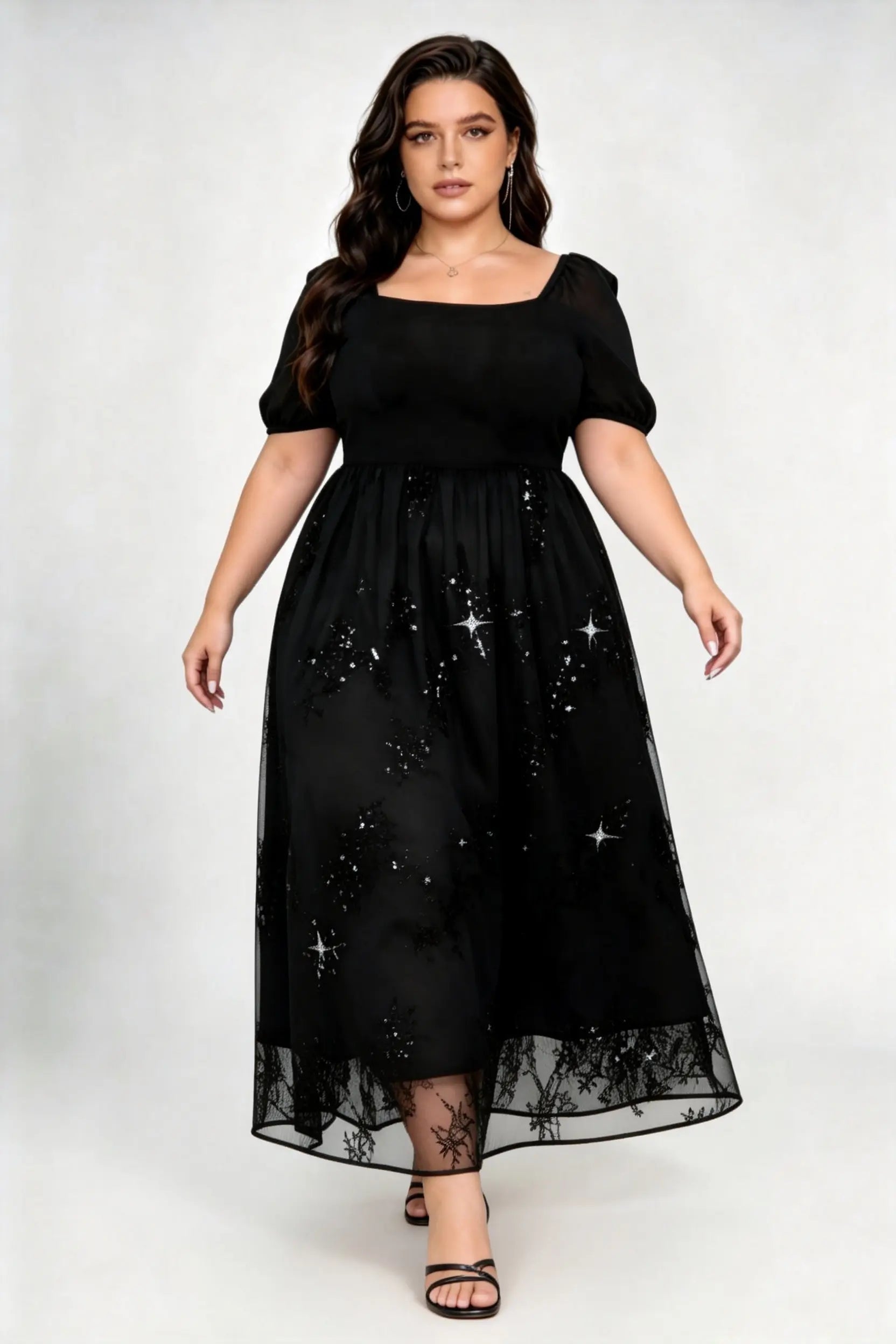 Plus Size Black Star Sequin Tulle Midi Dress with Square Neck & Puff Sleeves