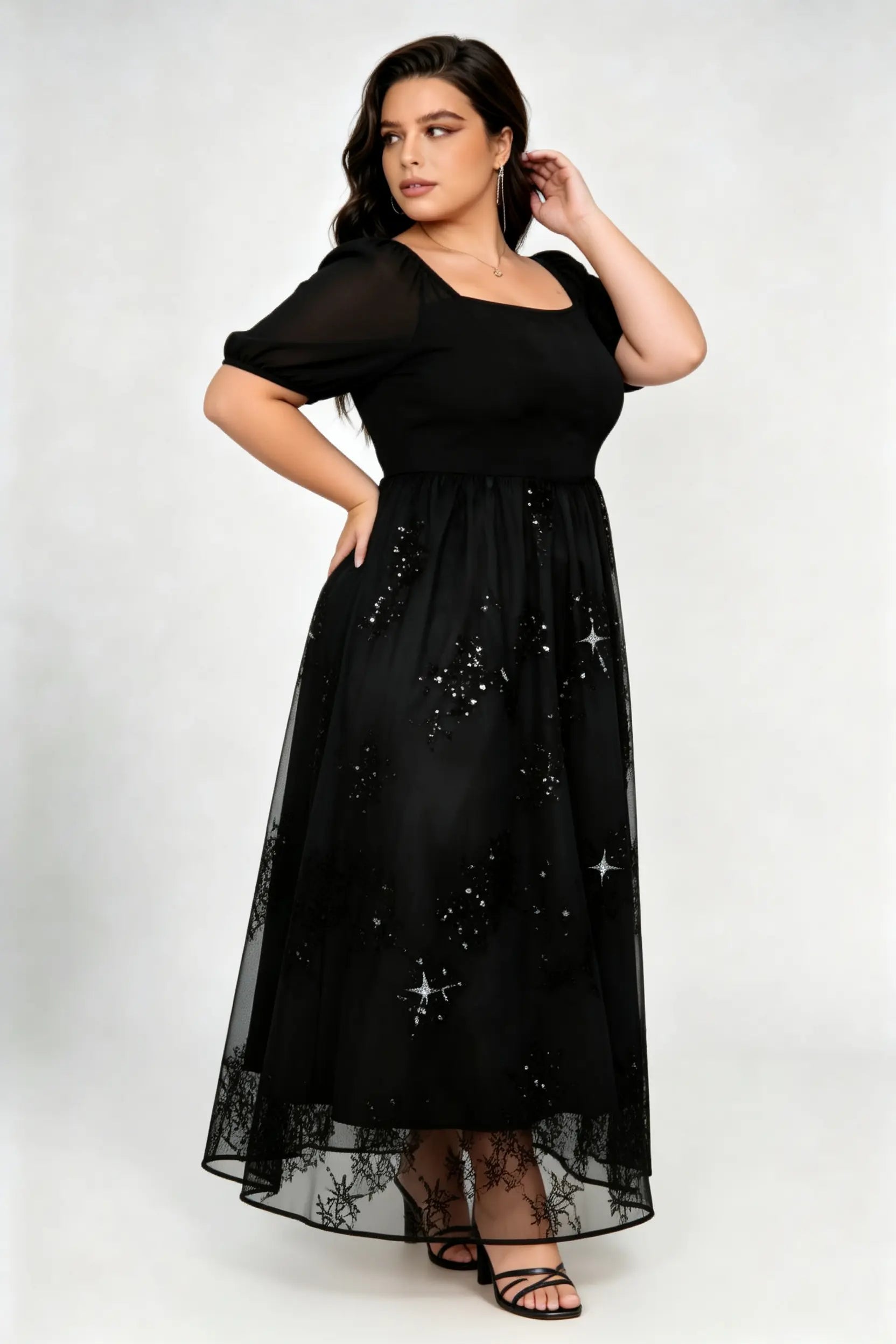 Plus Size Black Star Sequin Tulle Midi Dress with Square Neck & Puff Sleeves