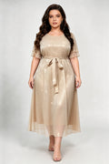 Plus Size Champagne Pleated Midi Dress with Belted Waist & Layered Sleeves