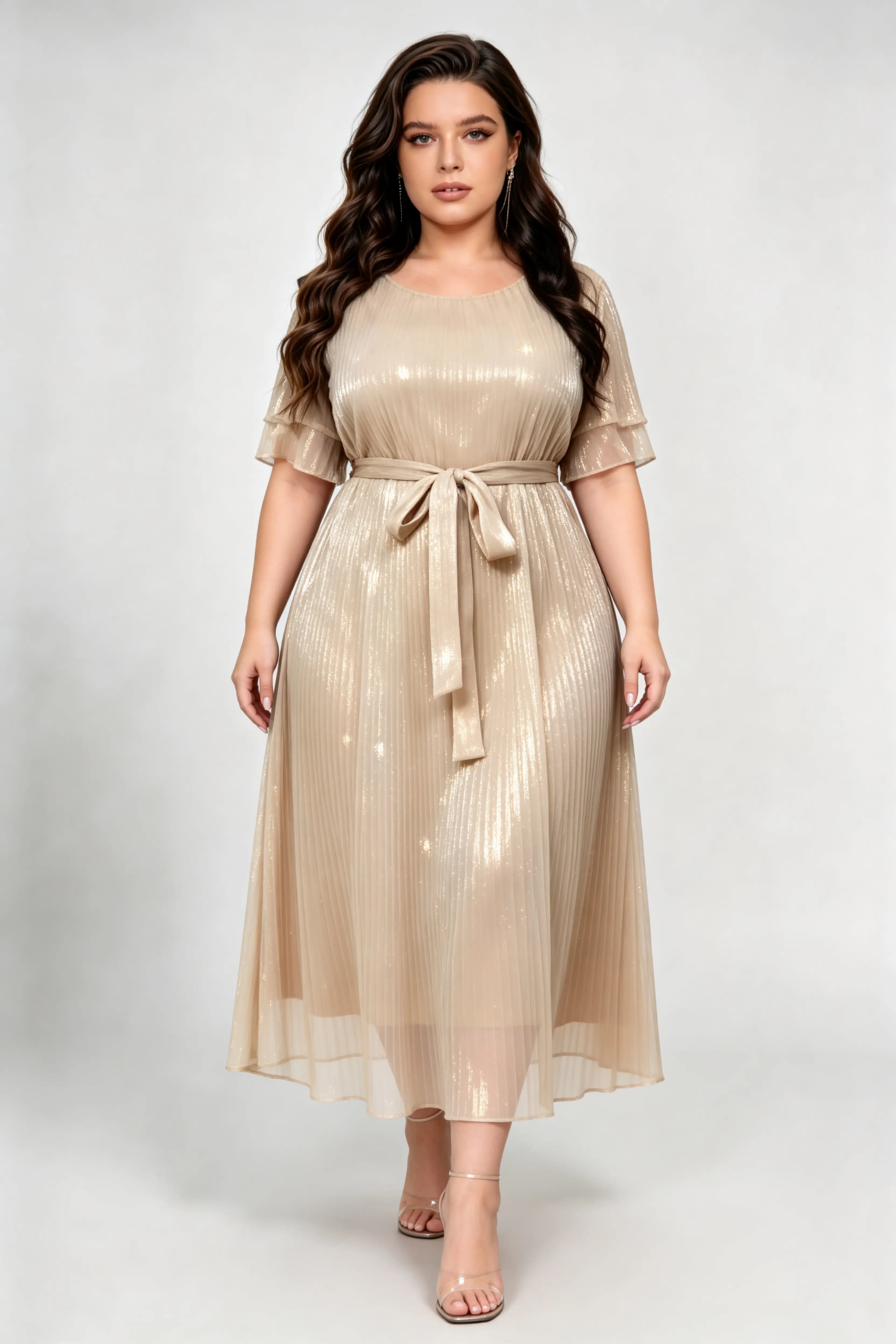 Plus Size Champagne Pleated Midi Dress with Belted Waist & Layered Sleeves