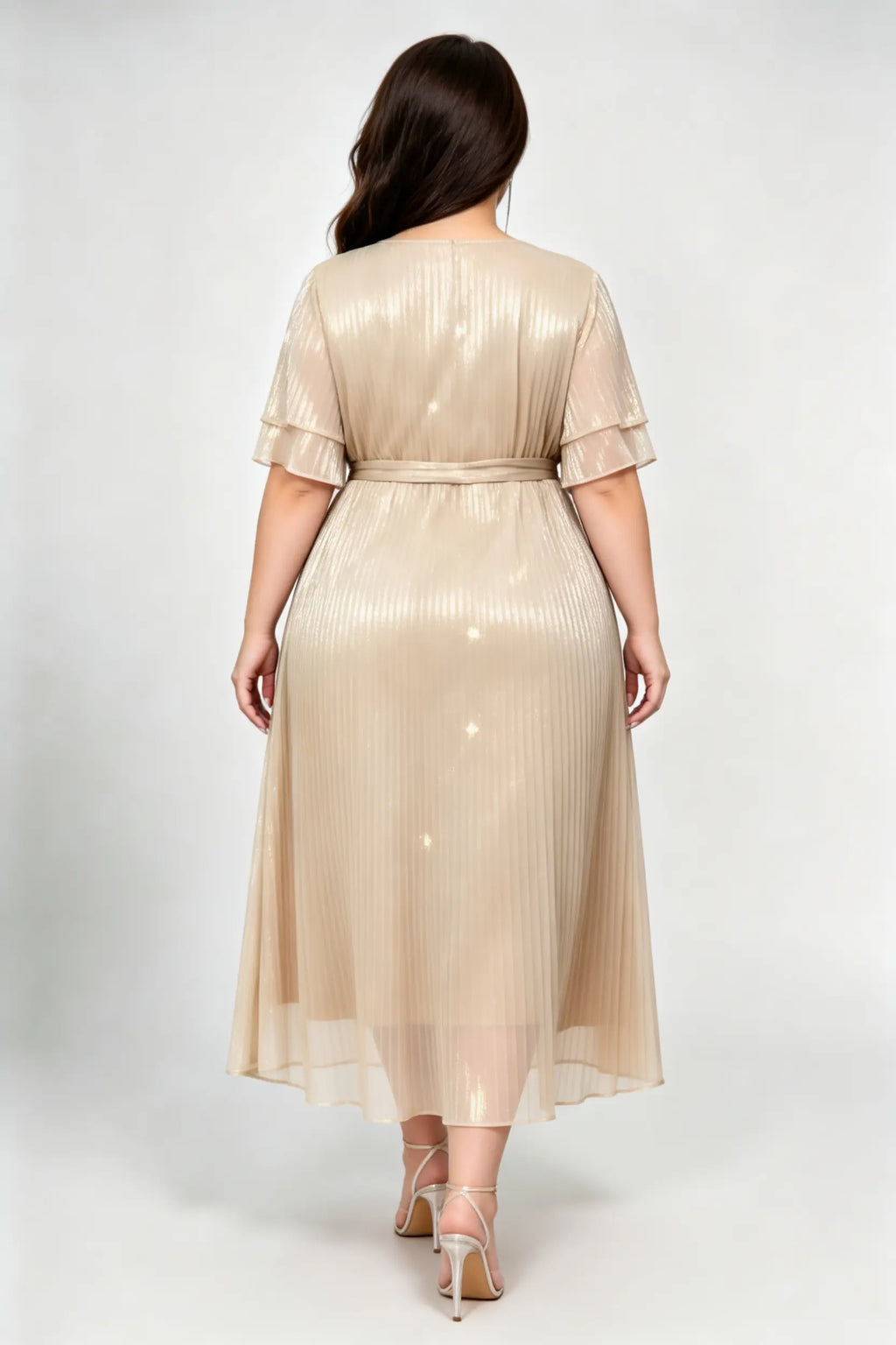 Plus Size Champagne Pleated Midi Dress with Belted Waist & Layered Sleeves