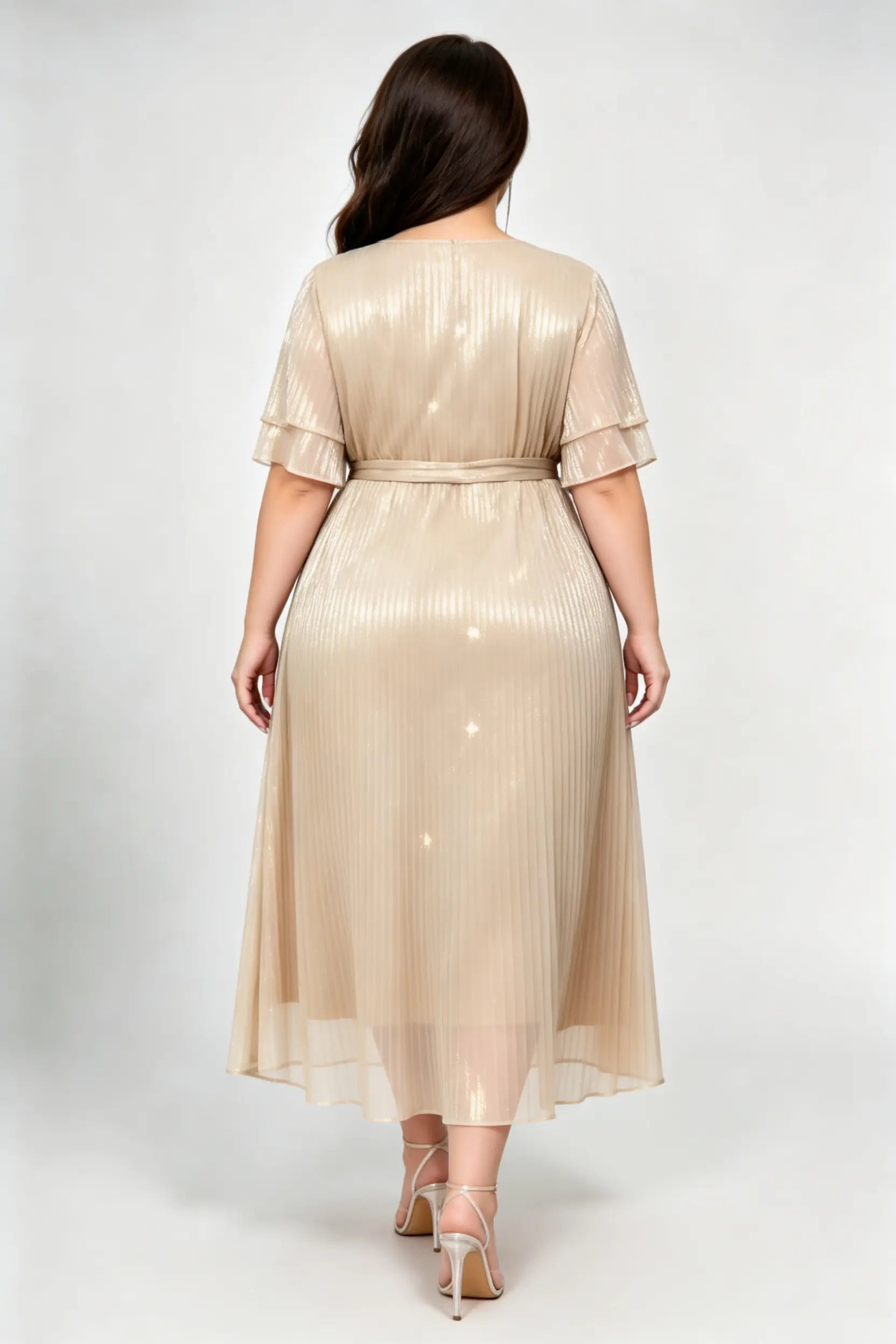 Plus Size Champagne Pleated Midi Dress with Belted Waist & Layered Sleeves