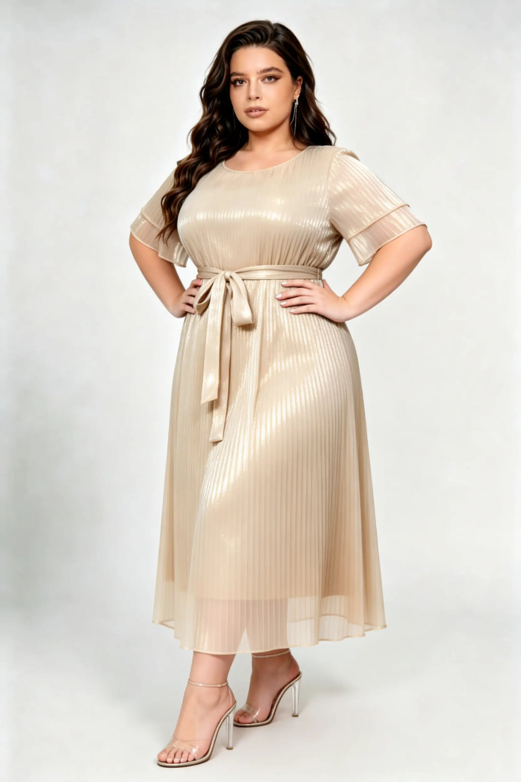Plus Size Champagne Pleated Midi Dress with Belted Waist & Layered Sleeves