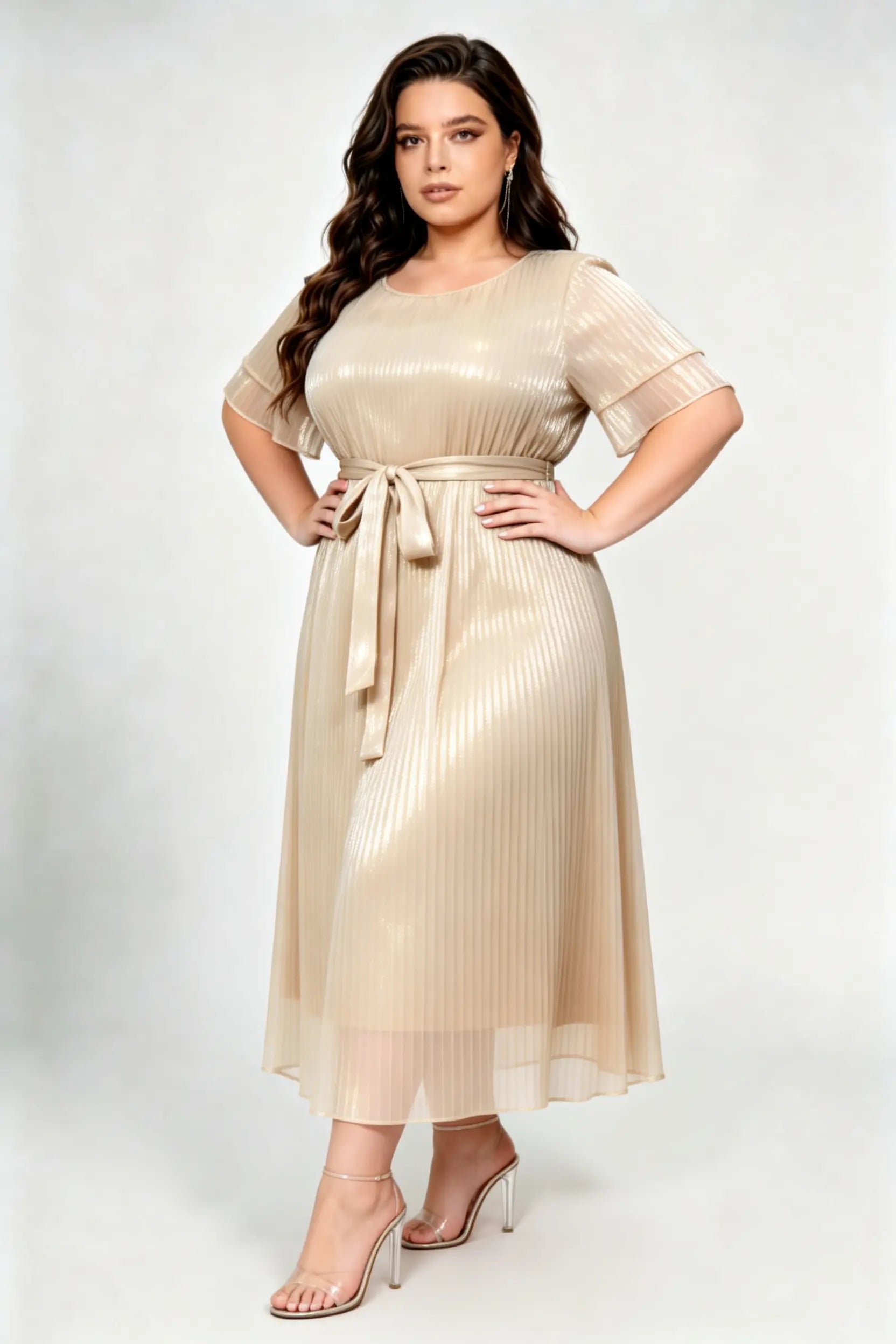 Plus Size Champagne Pleated Midi Dress with Belted Waist & Layered Sleeves