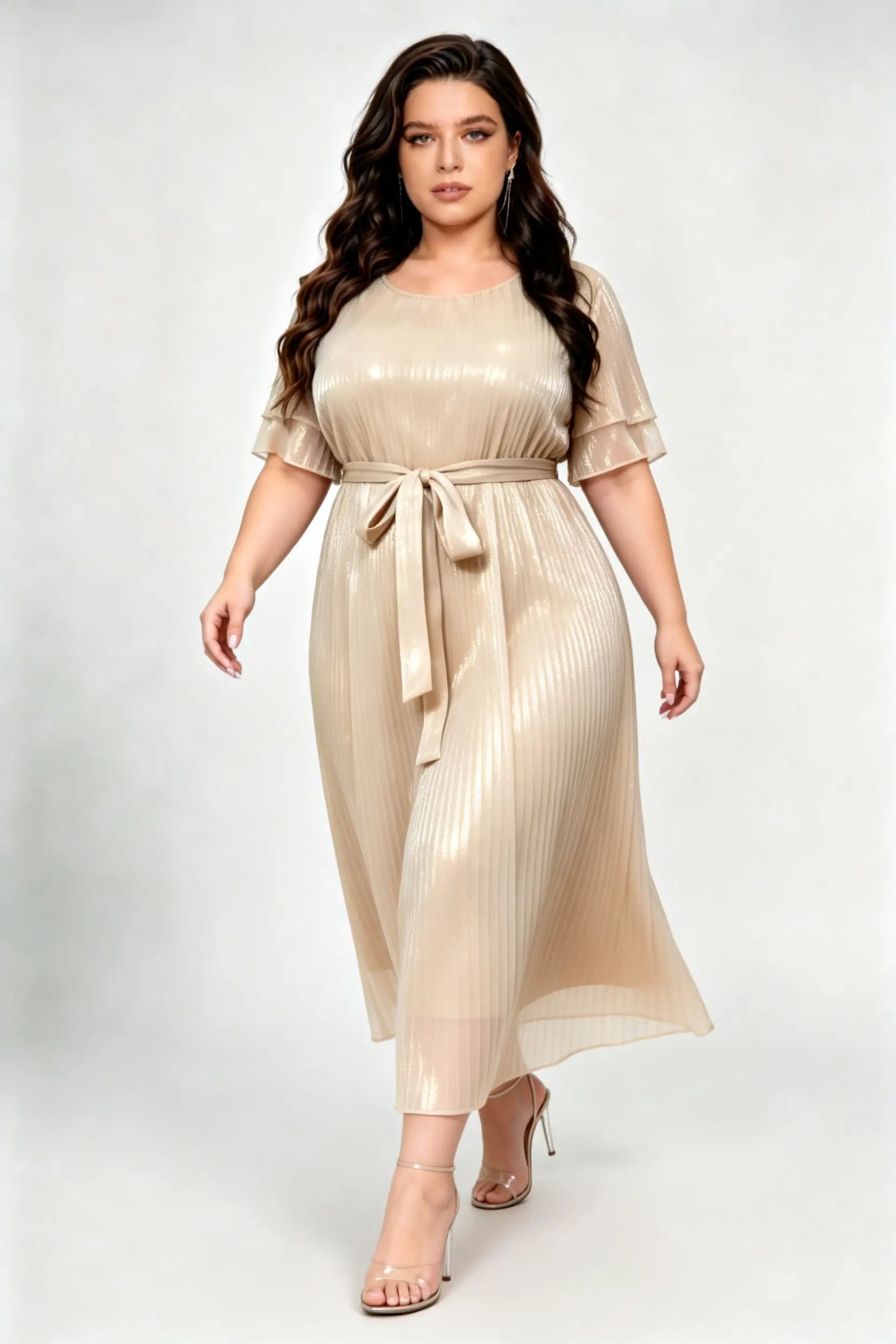 Plus Size Champagne Pleated Midi Dress with Belted Waist & Layered Sleeves