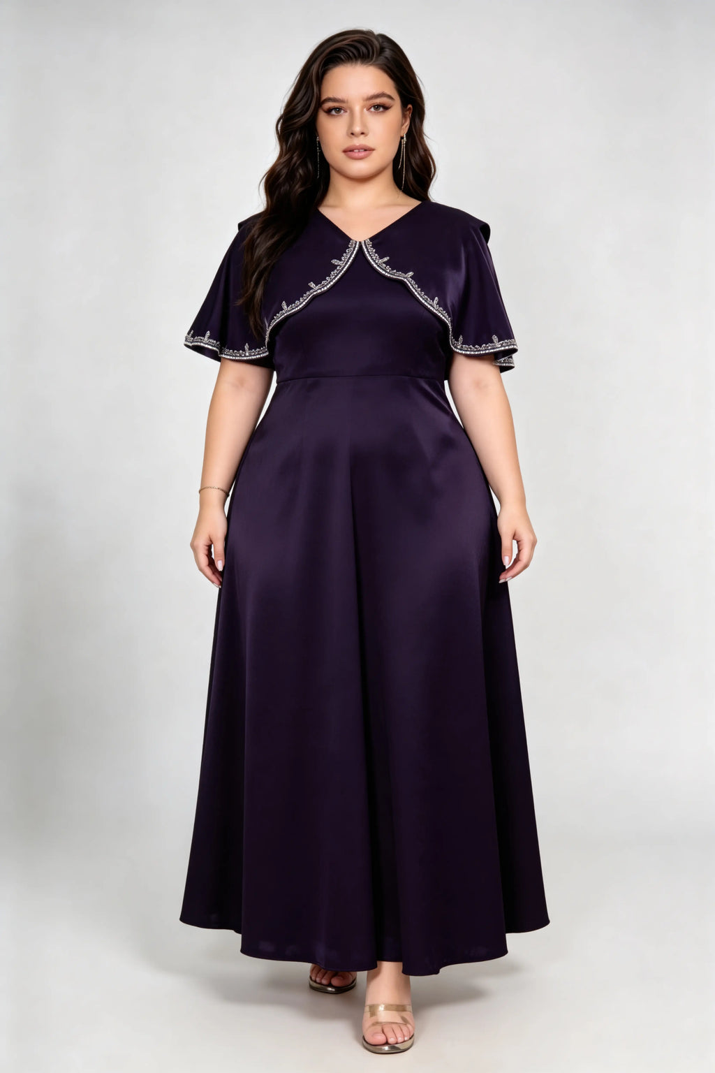 Plus Size Elegant Satin A-Line Maxi Dress with Beaded Capelet