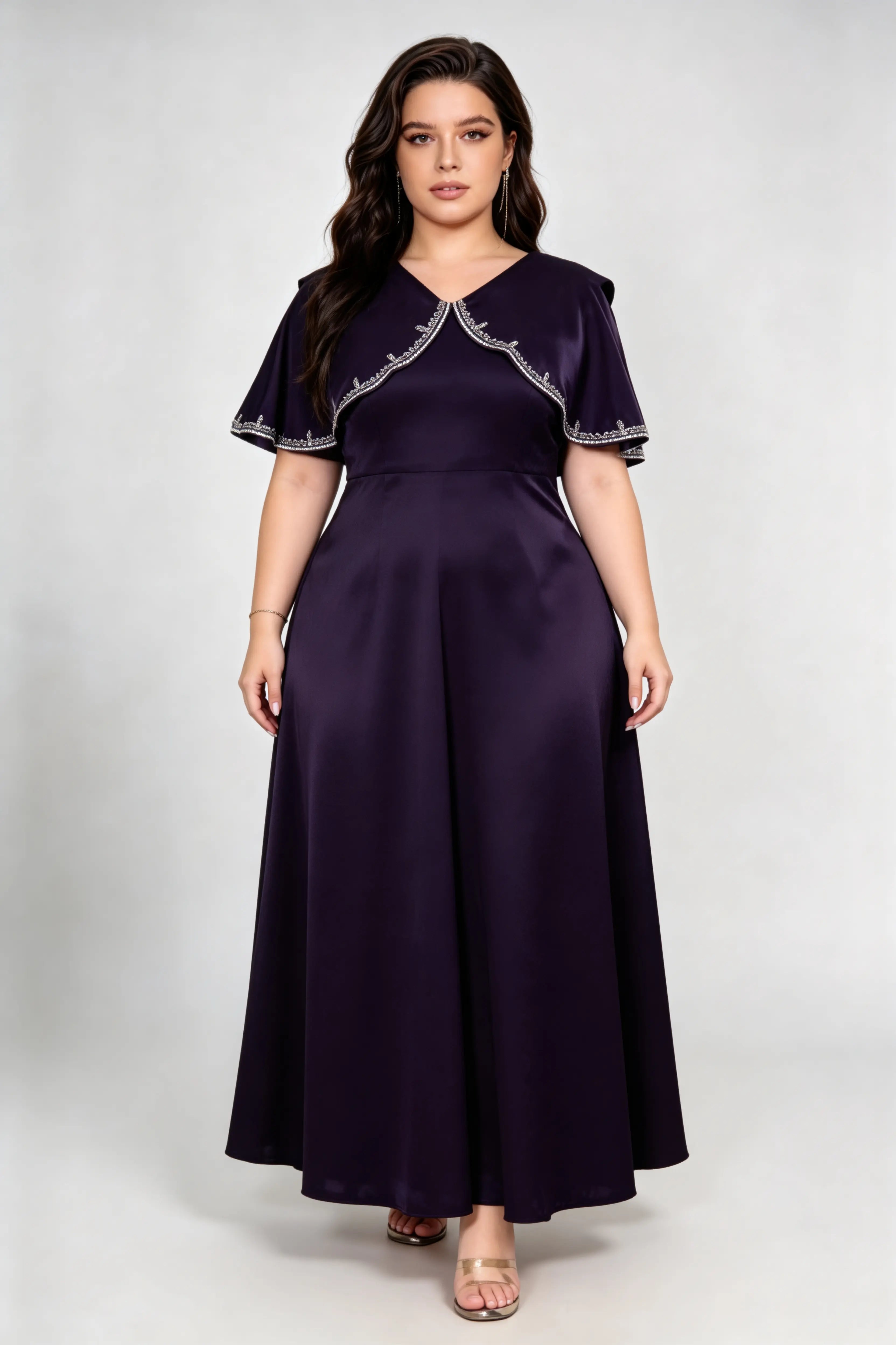 Plus Size Elegant Satin A-Line Maxi Dress with Beaded Capelet