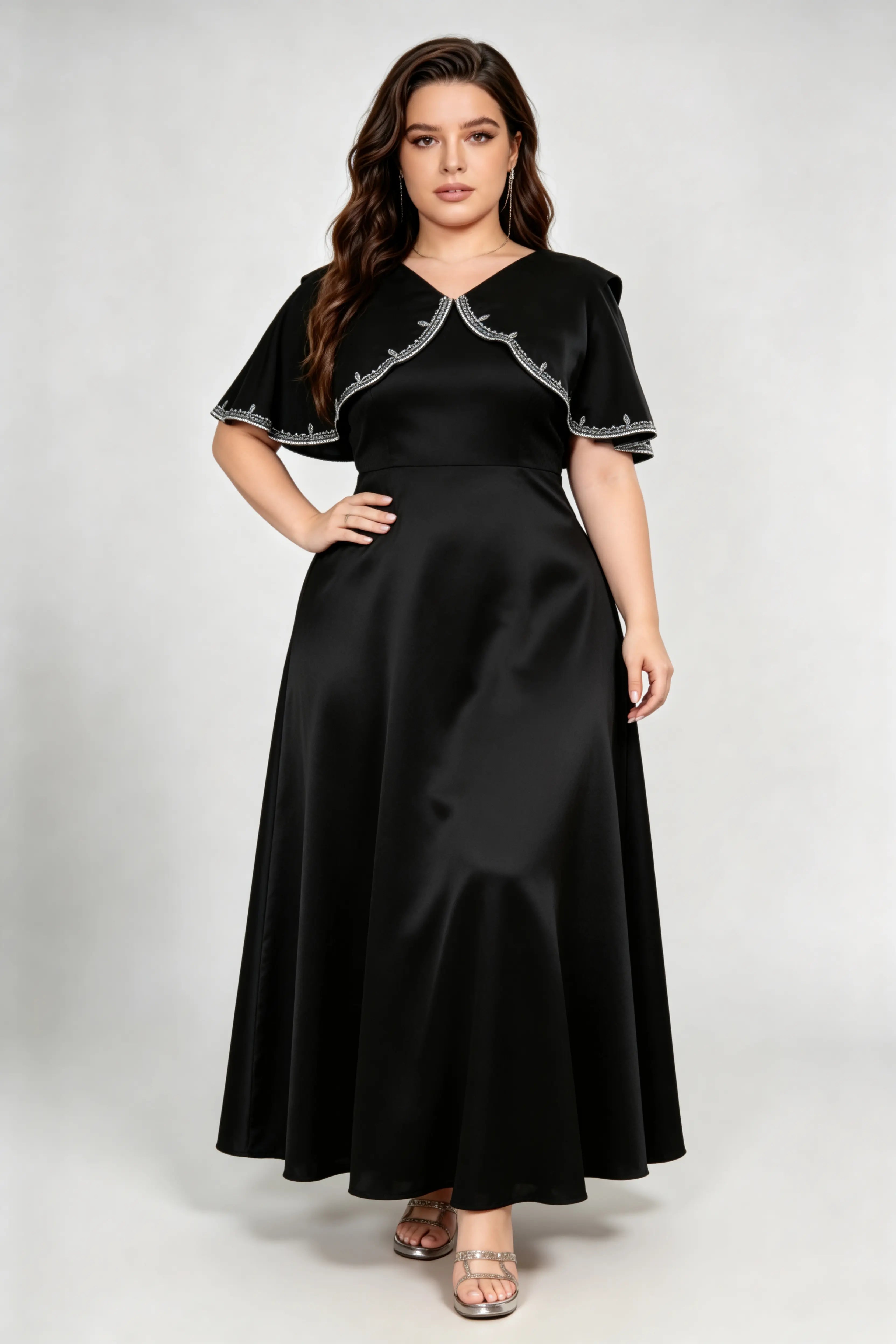 Plus Size Elegant Satin A-Line Maxi Dress with Beaded Capelet