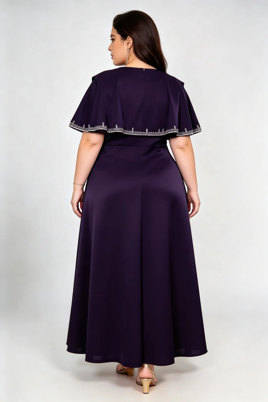 Plus Size Elegant Satin A-Line Maxi Dress with Beaded Capelet