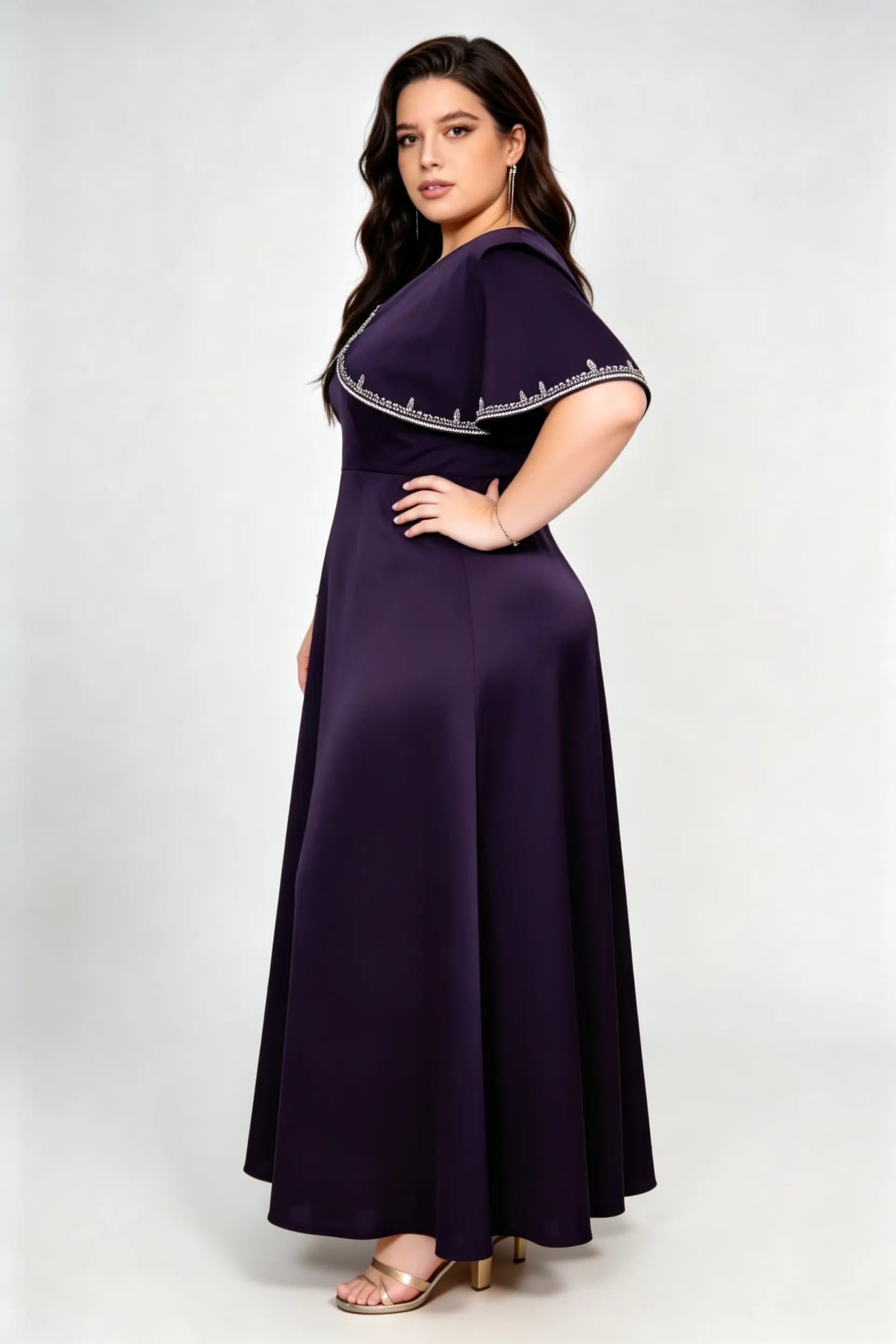 Plus Size Elegant Satin A-Line Maxi Dress with Beaded Capelet