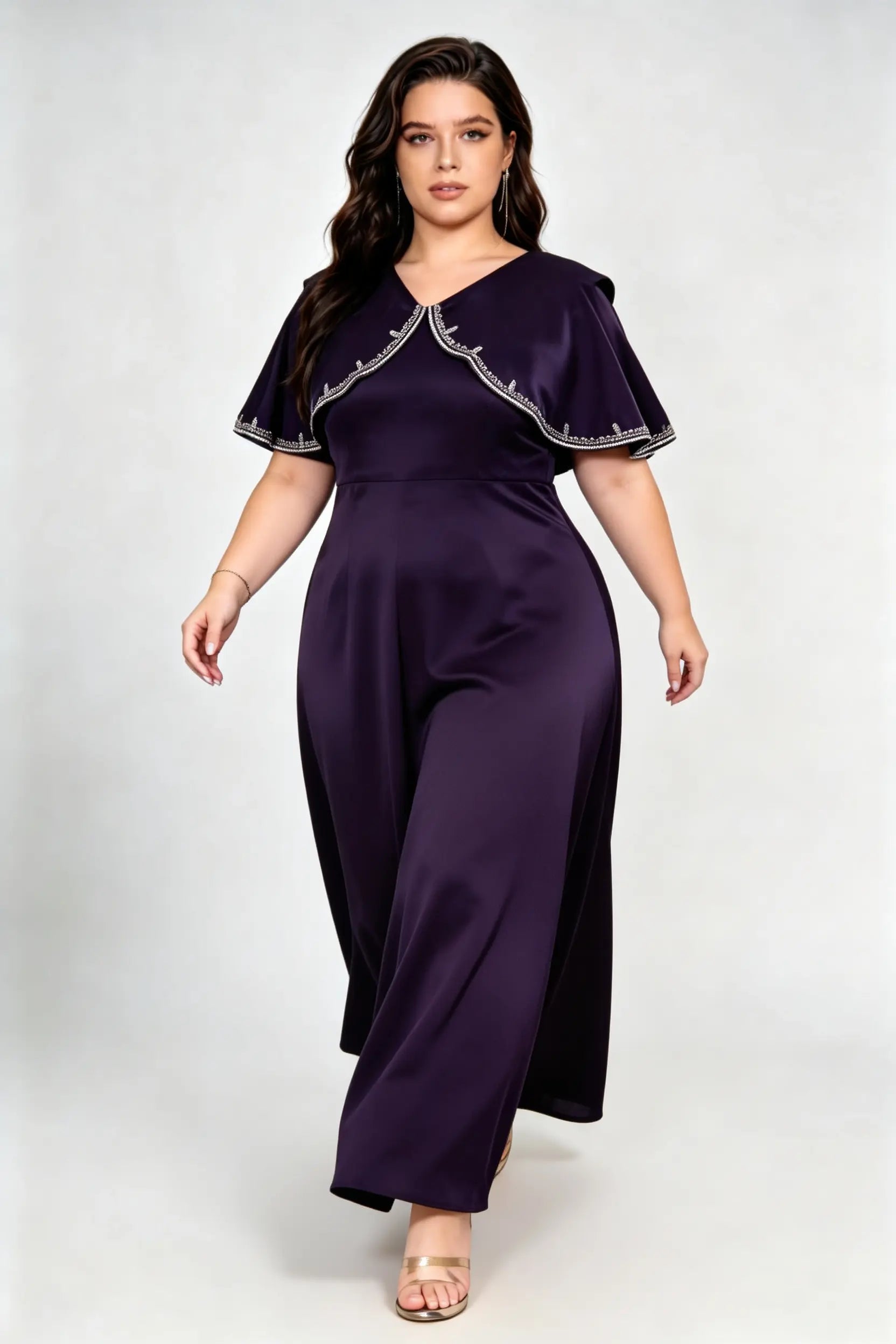 Plus Size Elegant Satin A-Line Maxi Dress with Beaded Capelet
