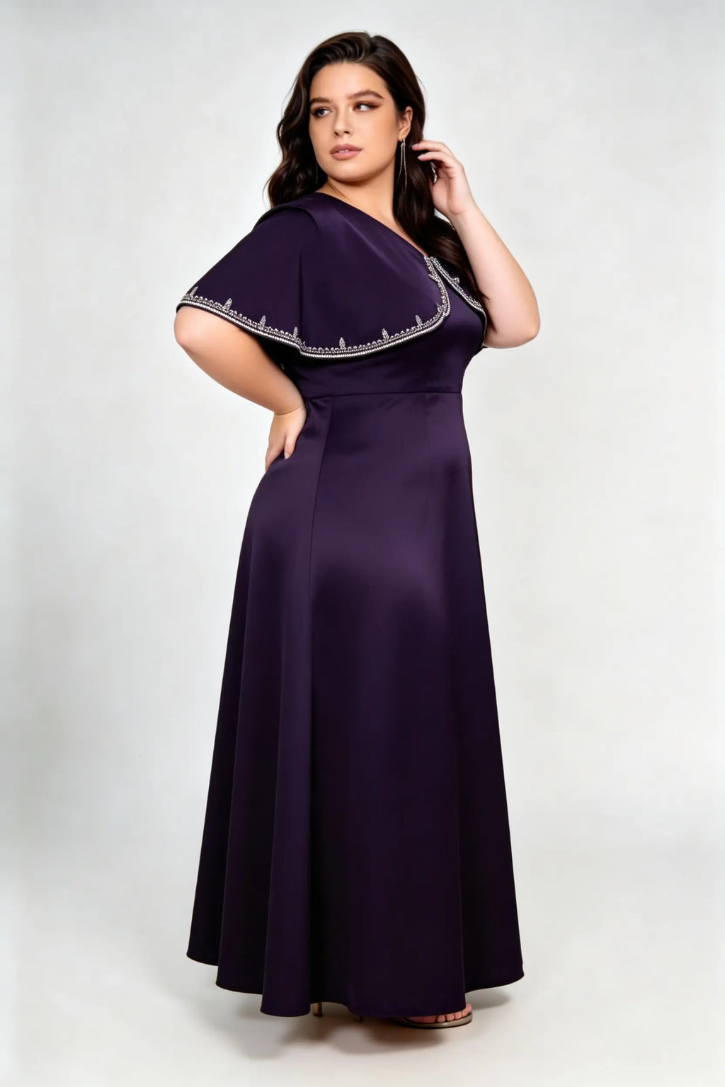 Plus Size Elegant Satin A-Line Maxi Dress with Beaded Capelet
