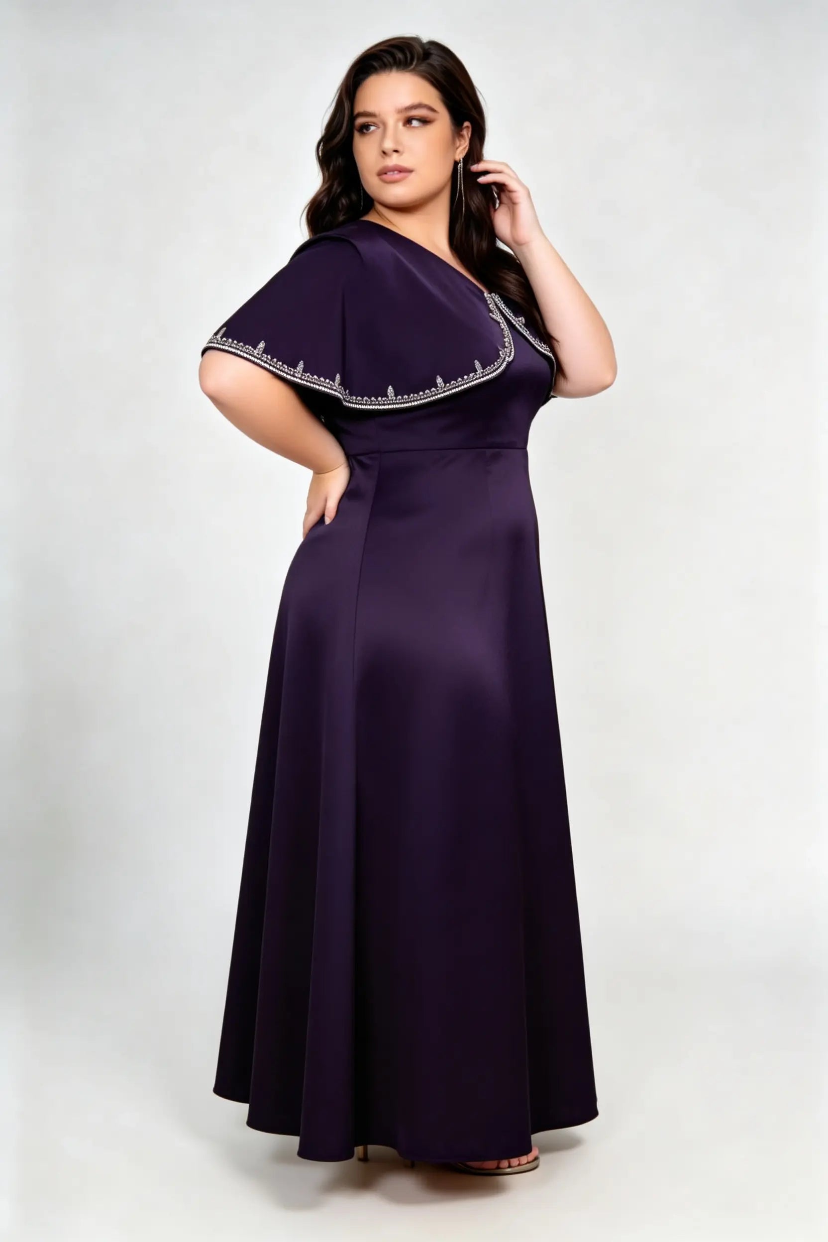 Plus Size Elegant Satin A-Line Maxi Dress with Beaded Capelet