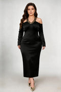 Plus Size Black Satin Cold-Shoulder Midi Dress with Gold Beaded Neckline