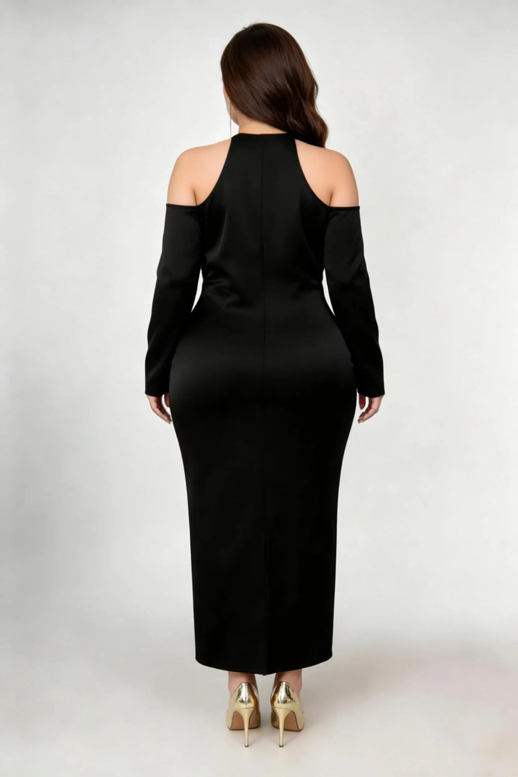 Plus Size Black Satin Cold-Shoulder Midi Dress with Gold Beaded Neckline