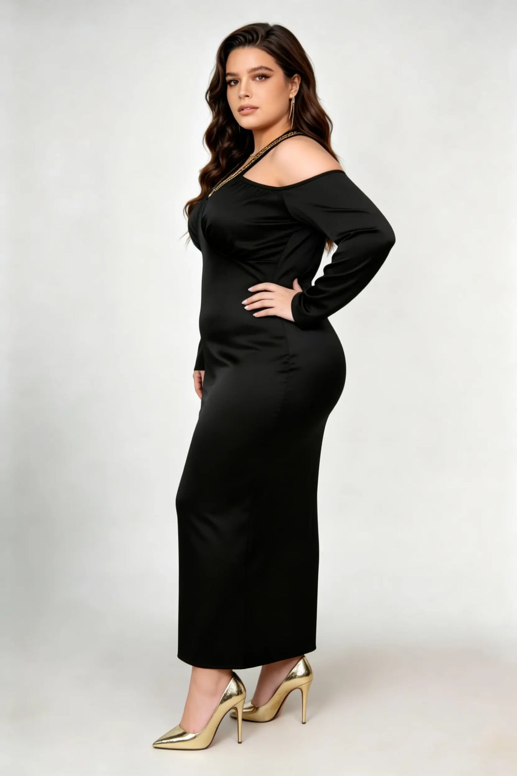 Plus Size Black Satin Cold-Shoulder Midi Dress with Gold Beaded Neckline