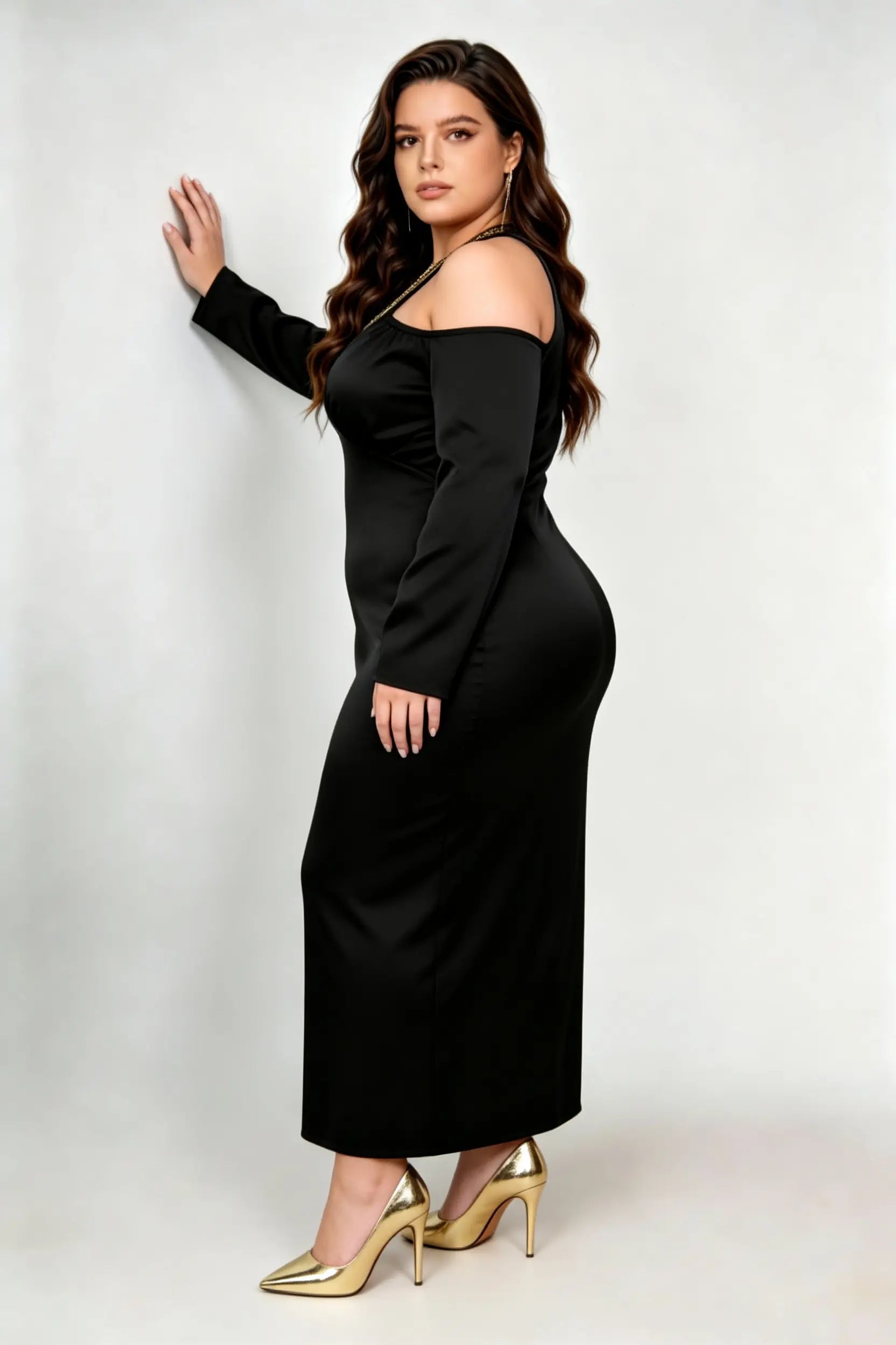 Plus Size Black Satin Cold-Shoulder Midi Dress with Gold Beaded Neckline